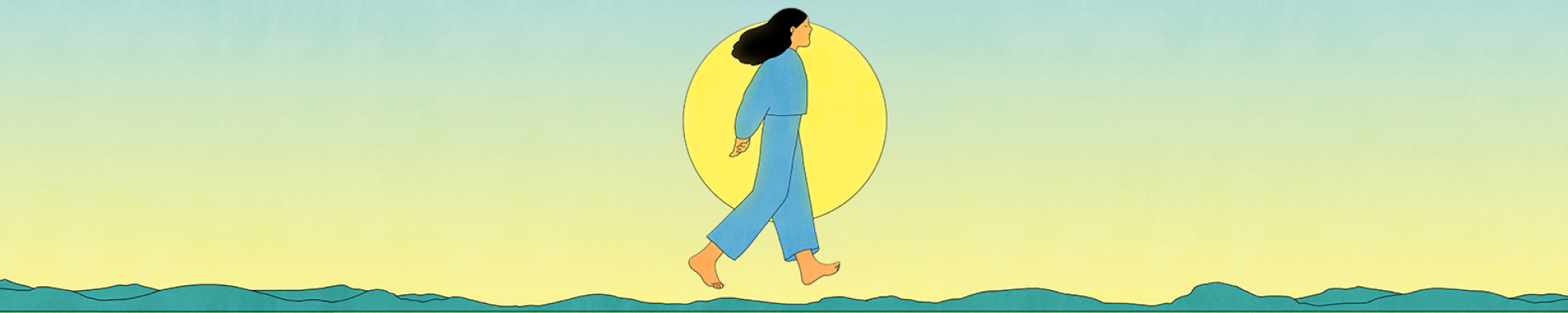 Thin banner promoting Six Steps to Calm, with an illustration of a horizon, in turquoise, with a yellow sun and a blue and yellow sky. A figure with long black hair, wearing blue clothes, walks in front on the sun and is slightly raised from the ground.