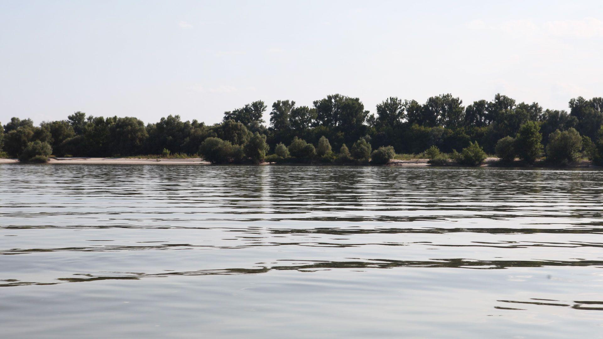 The waters of the Danube, and in the distance the shoreline of LIberland - sandy banks and green trees 