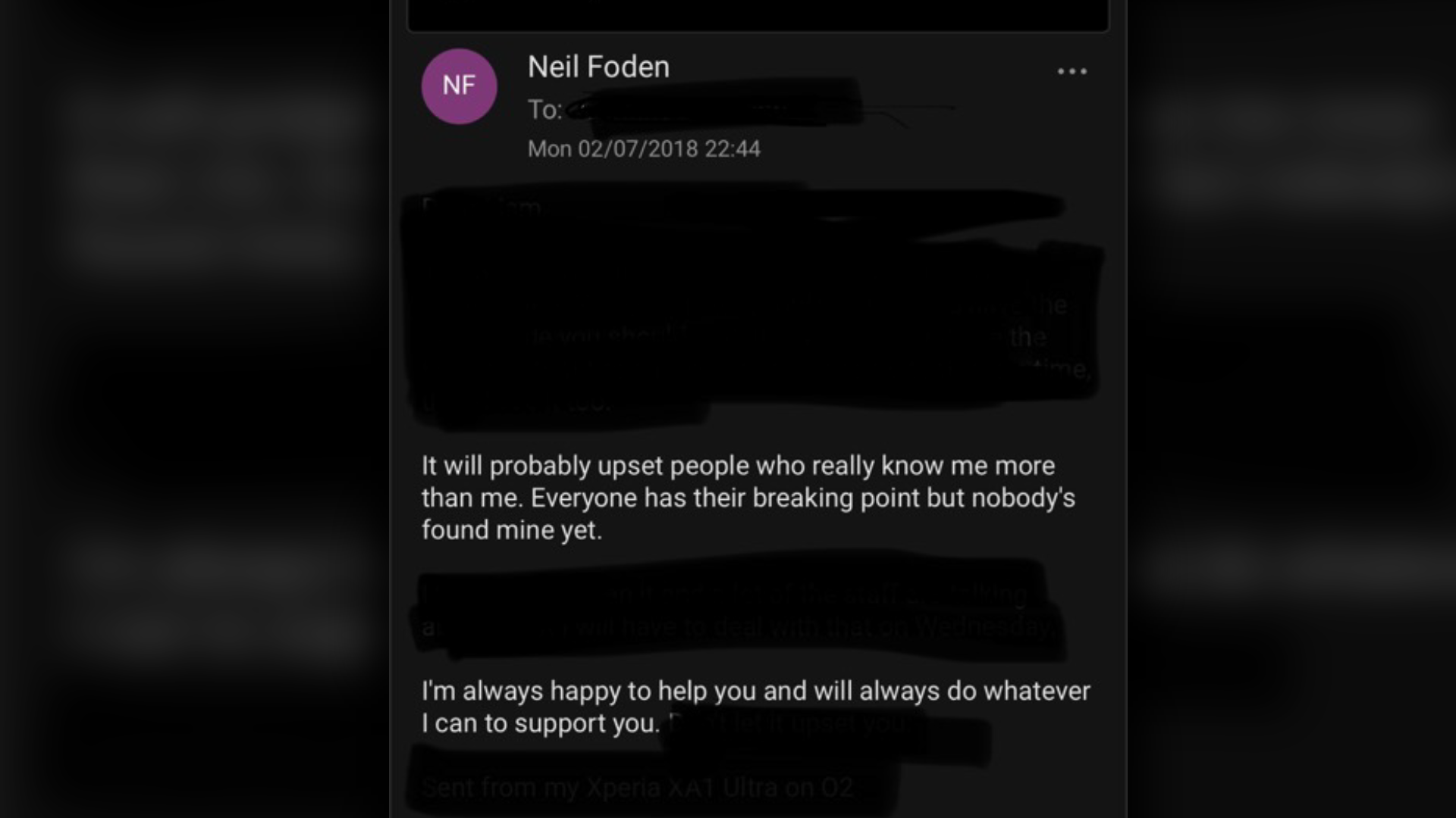 Neges destun gan Neil Foden i Jo ar 2 Gorffennaf 2018