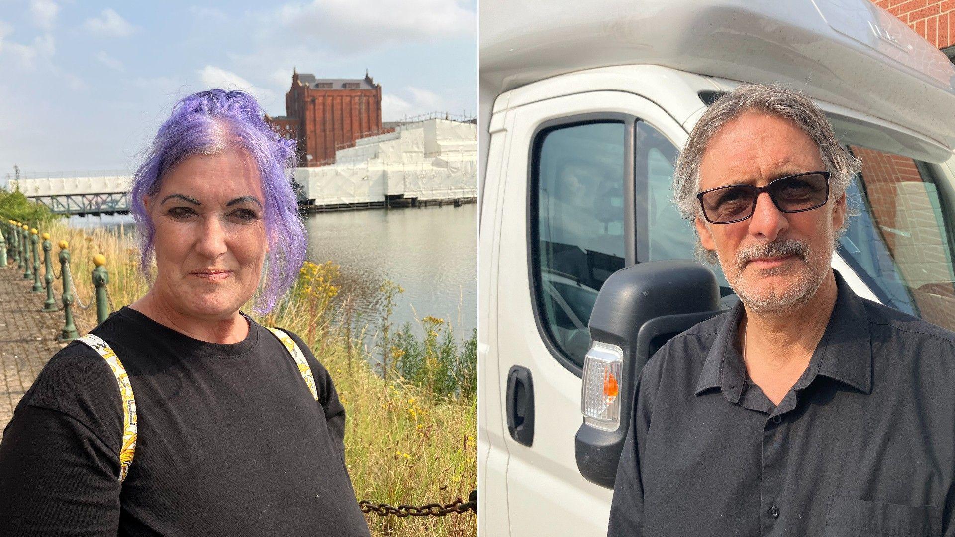 Picture of woman with purple hair and man with sunglasses standing in front of a van