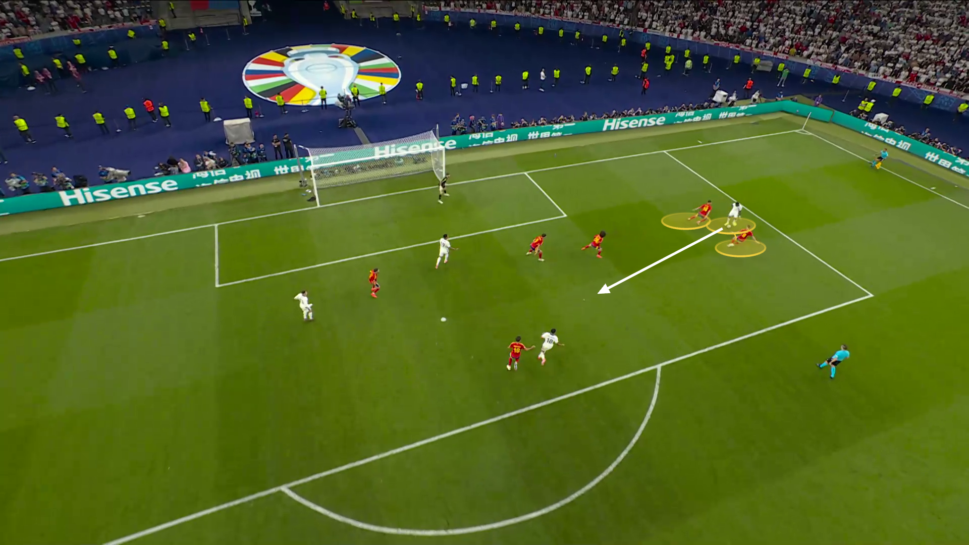 Screengrab from England's equaliser from the Euro 2024 final. This still shows Saka passing the ball between two defenders, annotated with an arrow, into Jude Bellingham. 