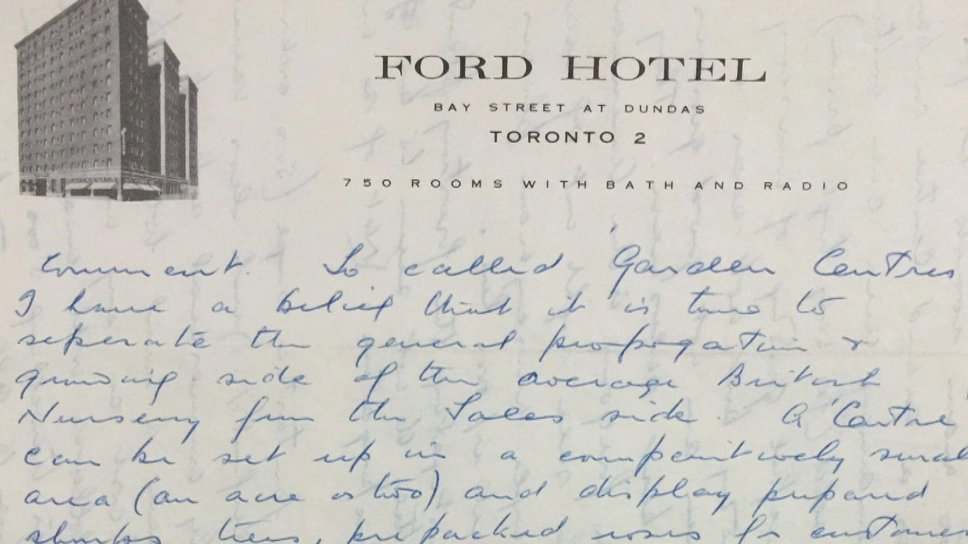 A handwritten letter on headed paper from the Ford Hotel in Toronto. The header has a picture of three 12-storey buildings side-by-side. The blue handwriting is hard to read but says: "I have a belief that it is time to separate the general propagation and growing side of the average British nursery from the sales side."