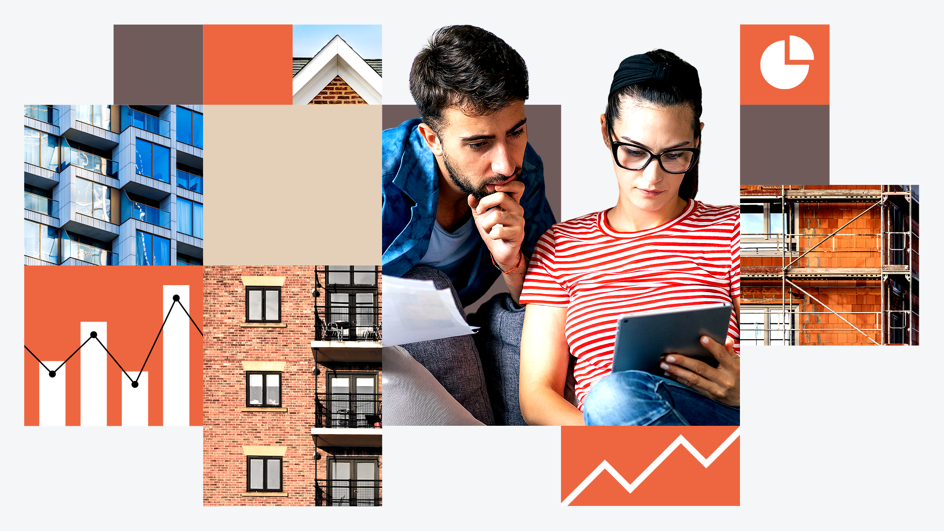 A young couple look at paperwork. Behind them is a graphic showing buildings and charts