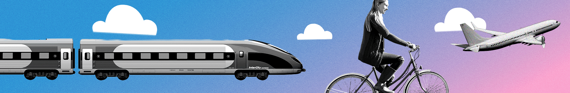 Designed banner with a train, bike and plane 