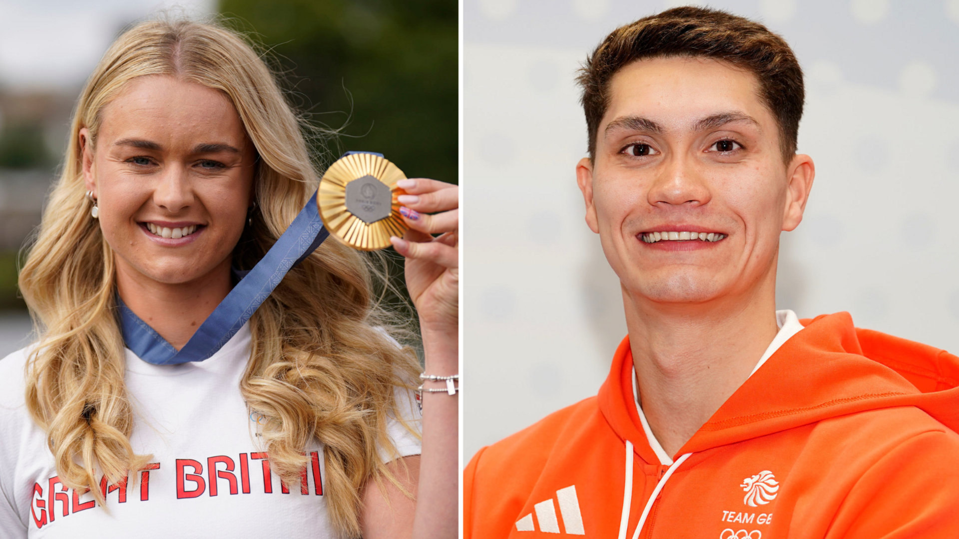 Composite image. Hannah Scott in Team GB kit. She has long blonde hair and is holding a gold medal. Jack McMillian in orange Team GB hoody. He is smiling and has brown hair.