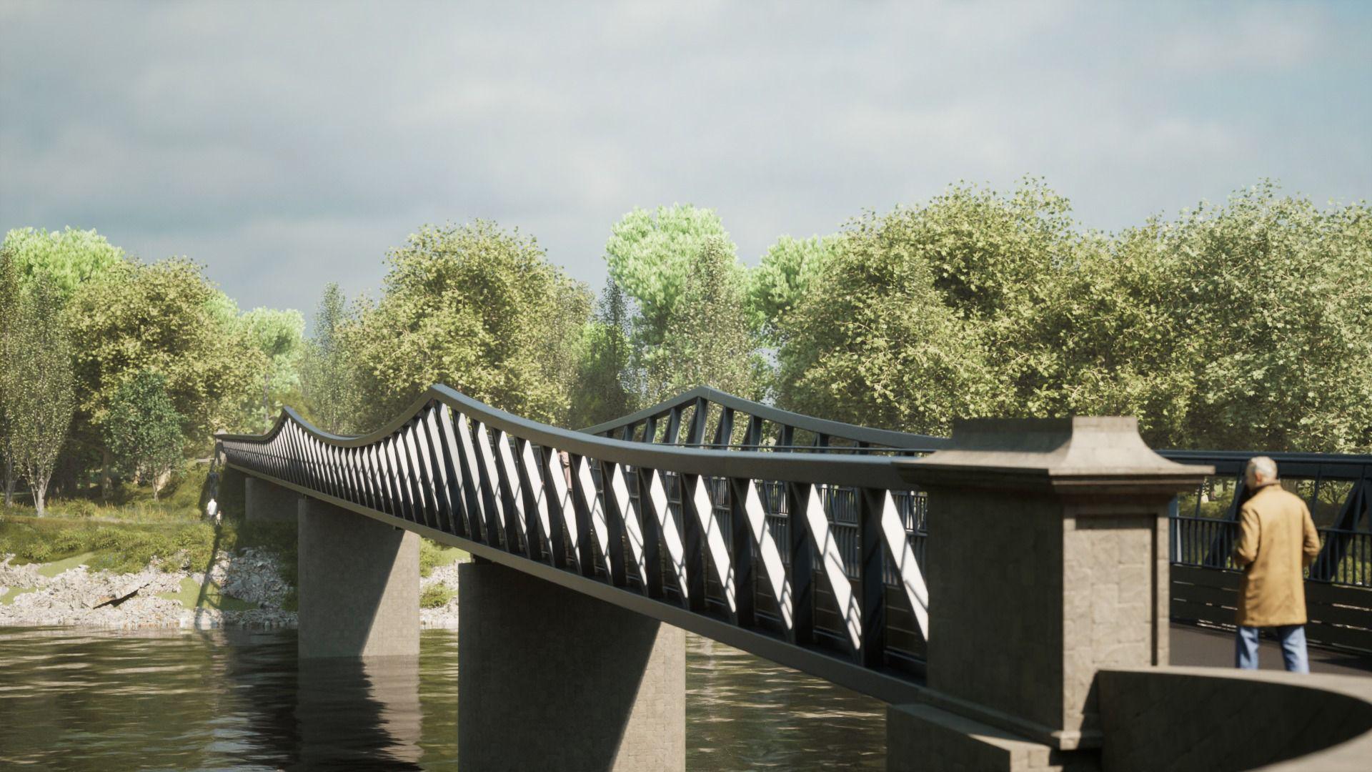 A computer generated image shows a person walking across the new Old Tram Bridge, with a wave-style design on the barriers at either side of the bridge. 