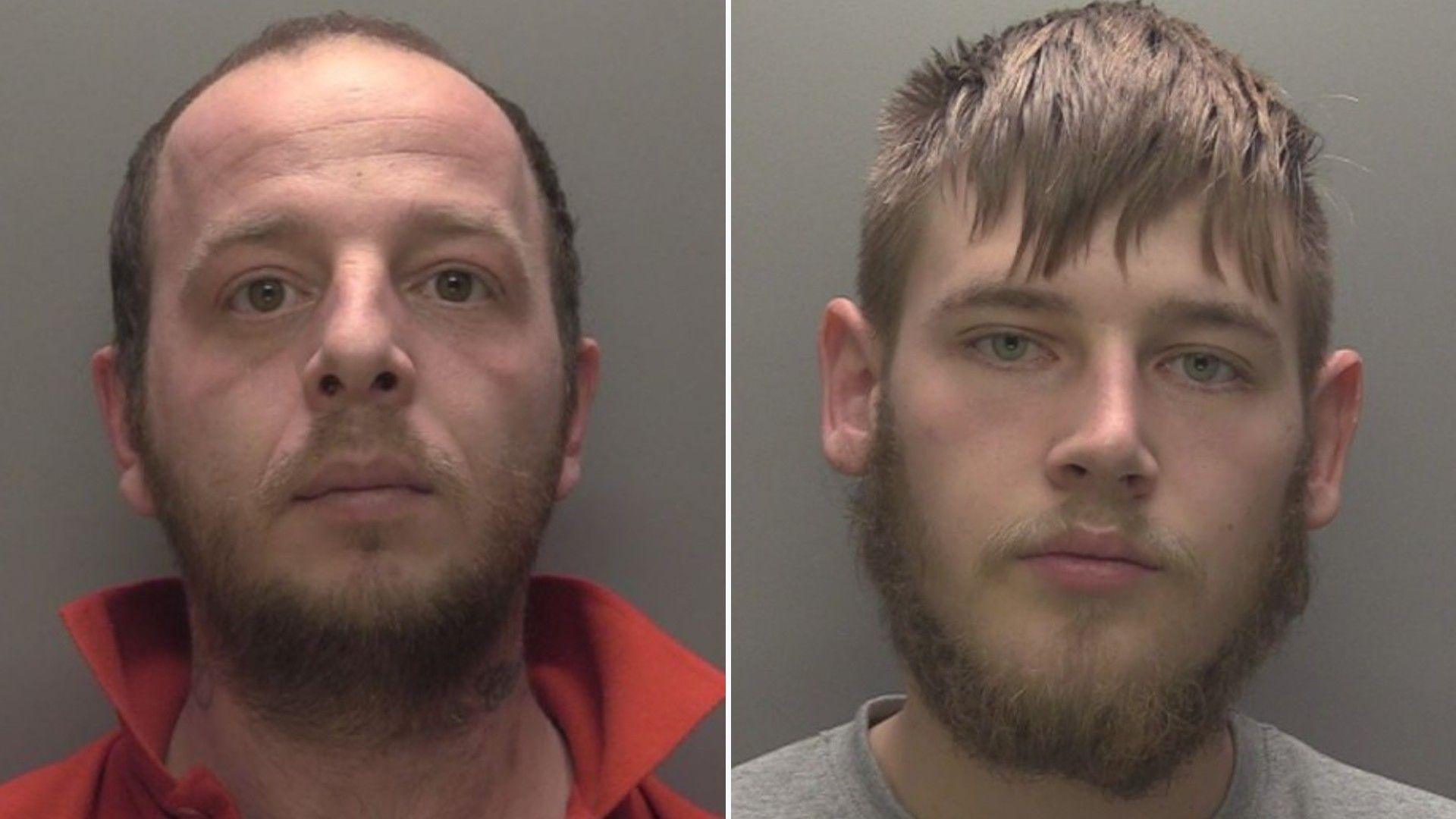 Two custody photos side by side of two men looking into the camera. On the left is a man with short brown hair and a short brown beard and moustache. He is wearing a red shirt and his collar is up. The man on his right has brown hair, a brown beard and a brown moustache.
