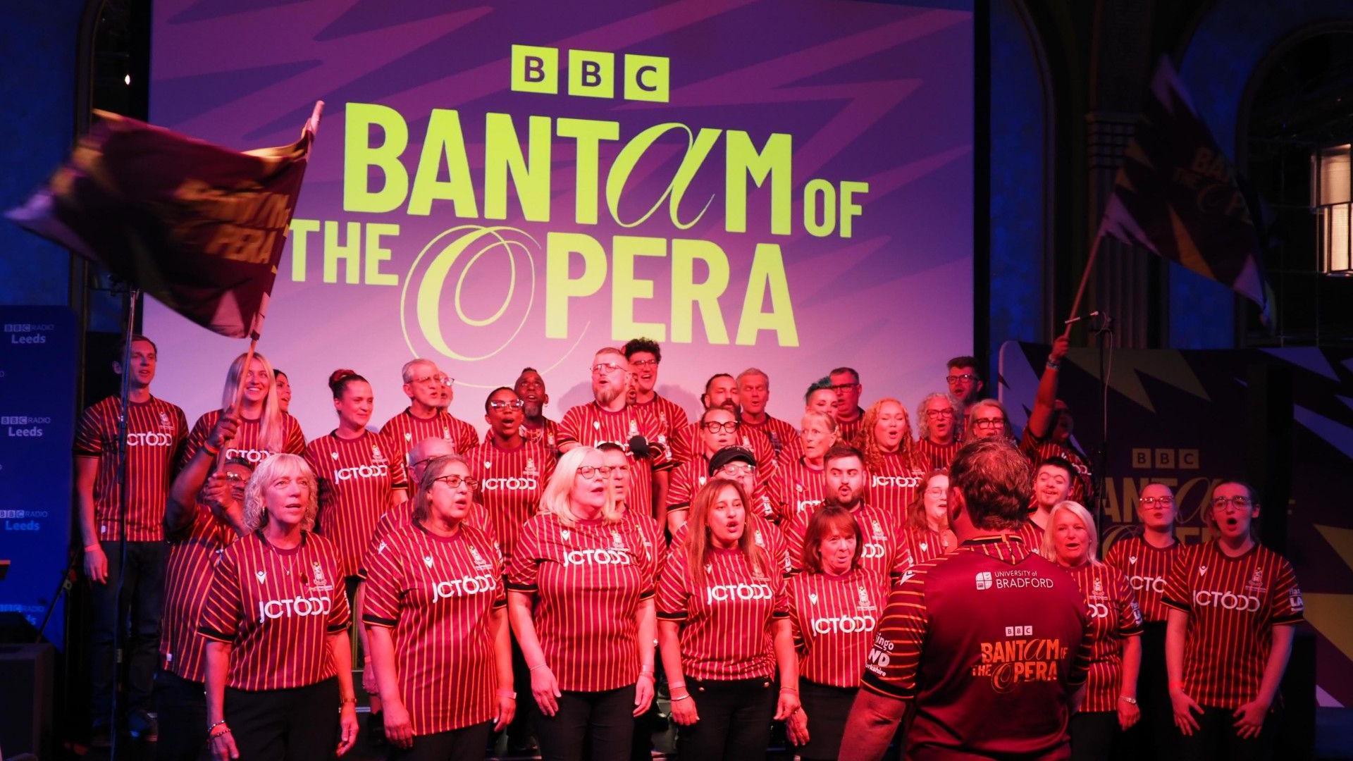 A choir in Bradford City football shirts