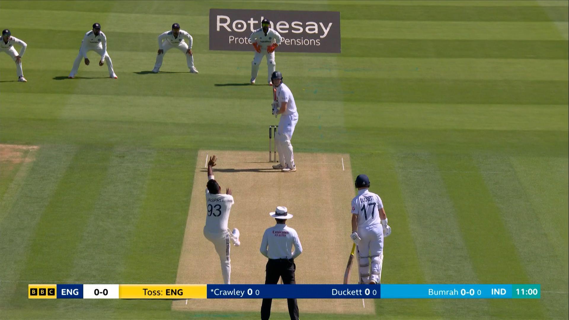 Zak Crawley middle-and-off guard against Jasprit Bumrah in third Test