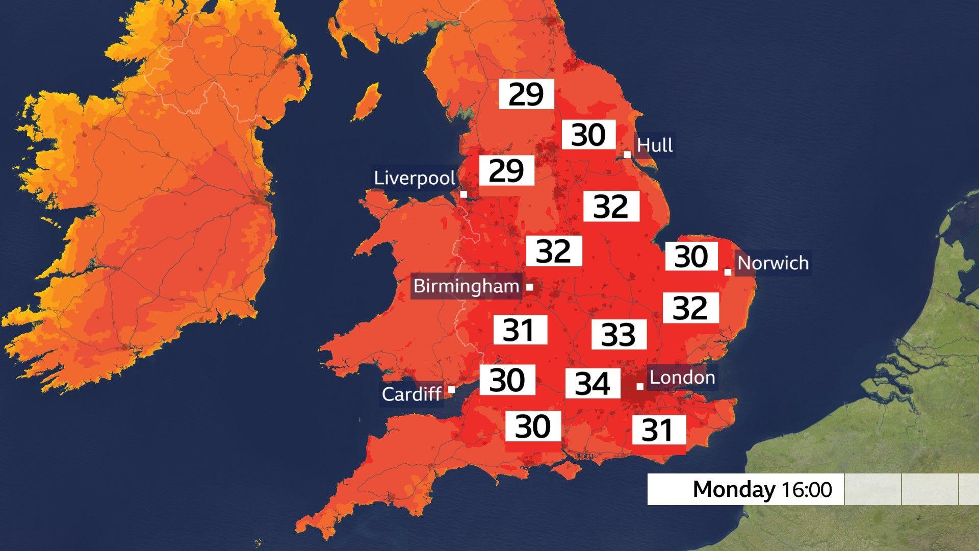 A temperature map of the UK. Many locations in the southern half of the UK are predicted to exceed 30C on Monday.