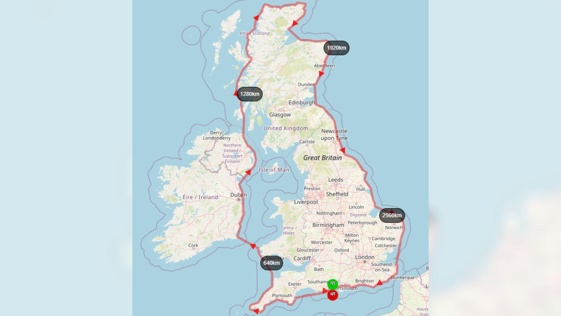 A map showing the route Mike Lambert will follow as he attempts to break the world record time for travelling around Britain in a kayak