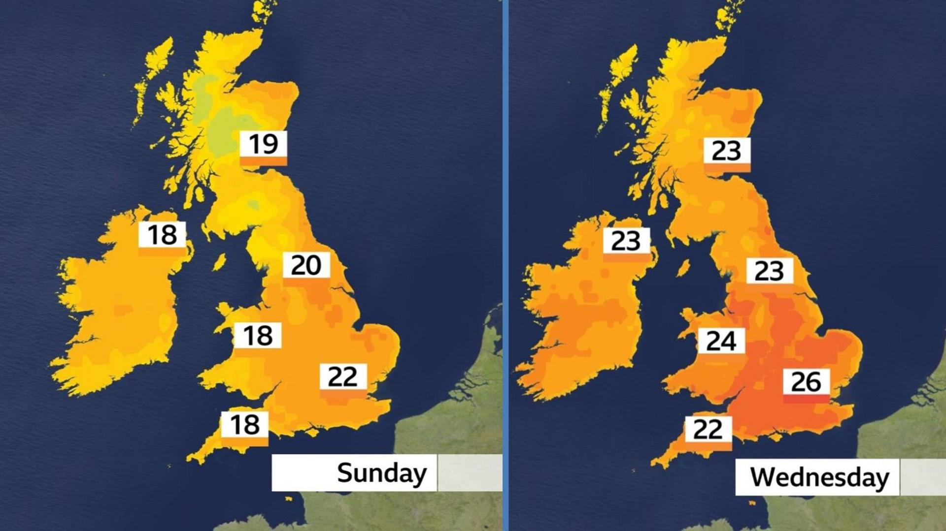 Maps showing maximum temperatures in the UK on Sunday and Wednesday