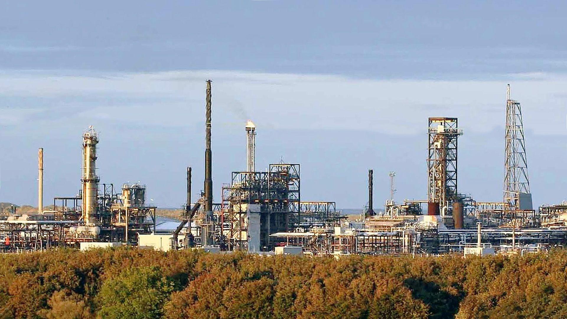 Industrial site with pipes and towers high above a row of trees with brown foliage