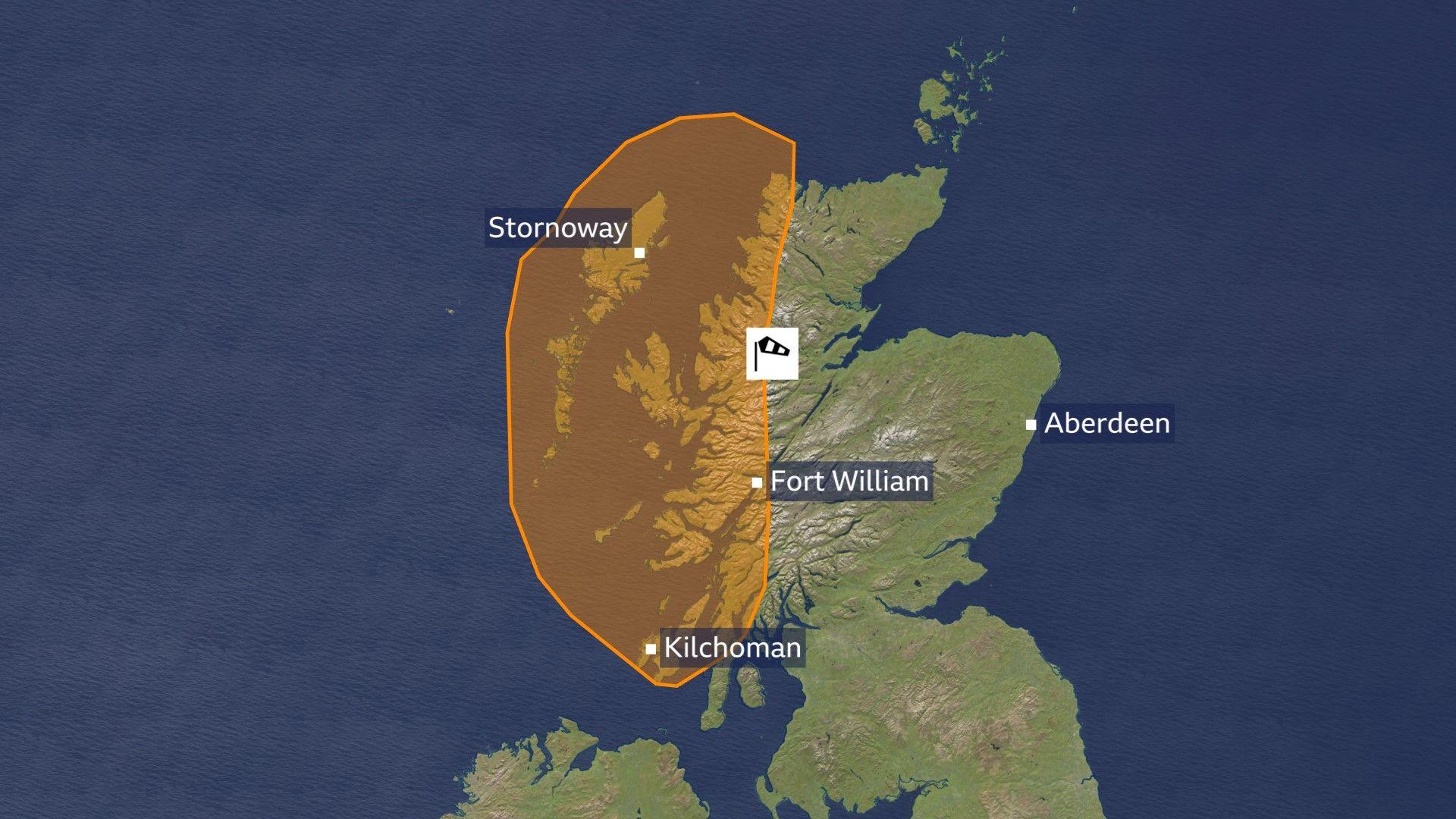 UK Weather map showing an amber warning for wind covering much of western Scotland