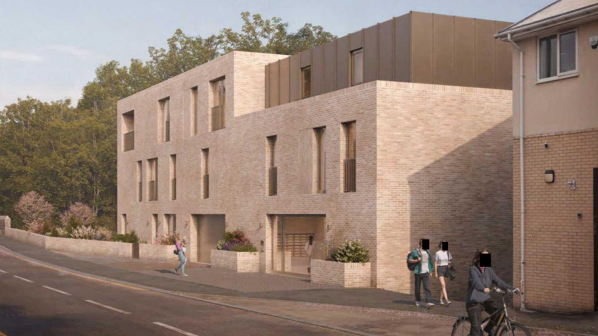An artists impression of a beige apartment building with people walking and cycling past