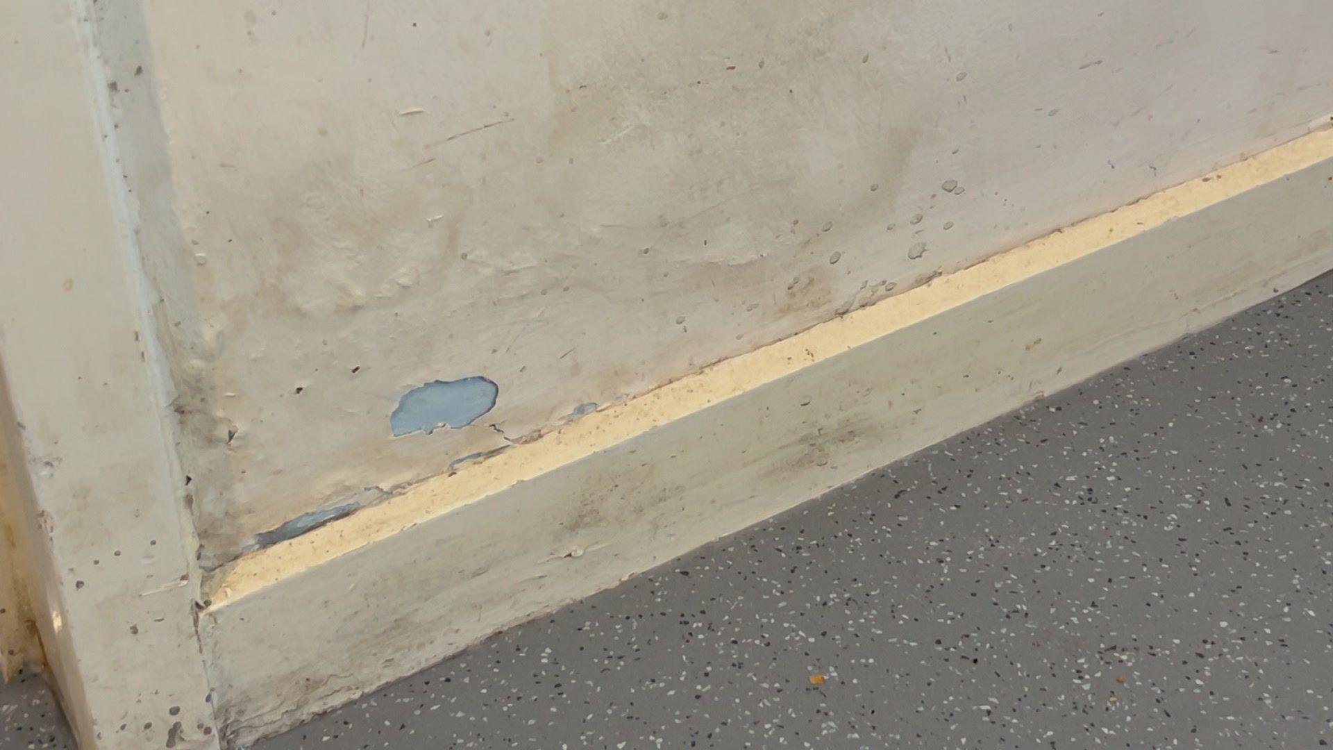 A cream-coloured wall and skirting board with chipped paint and mould spores on it.