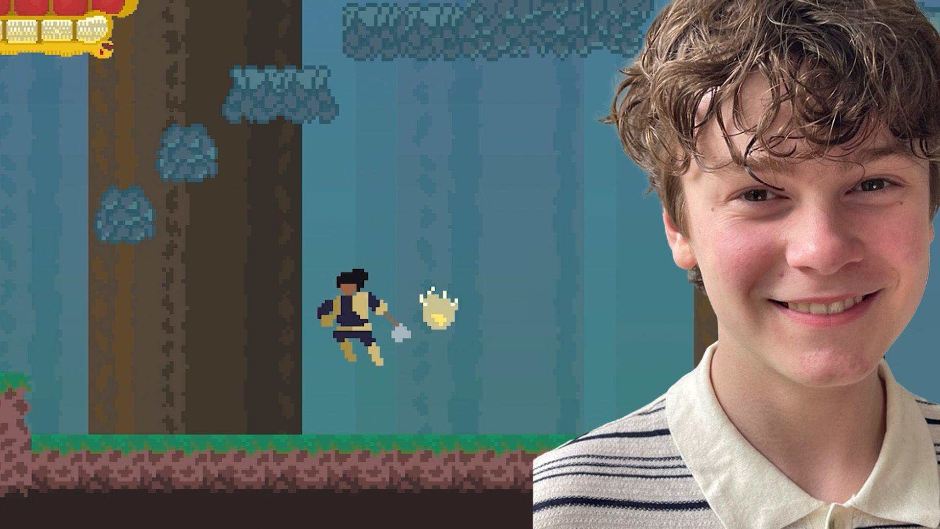 A screenshot from the game Yggdrasil with developer Thiago, a teenager with curly brown hair.