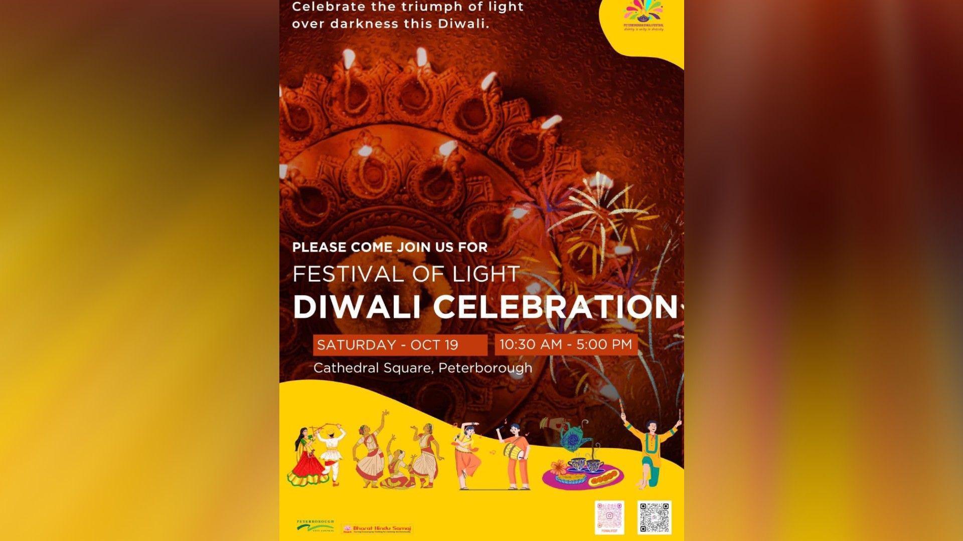 A red and yellow Diwali festival poster which reads "Please come and join us for Festival of Light Diwali Celebration". At the bottom of the poster is an artist's impression of Indian dancers. 