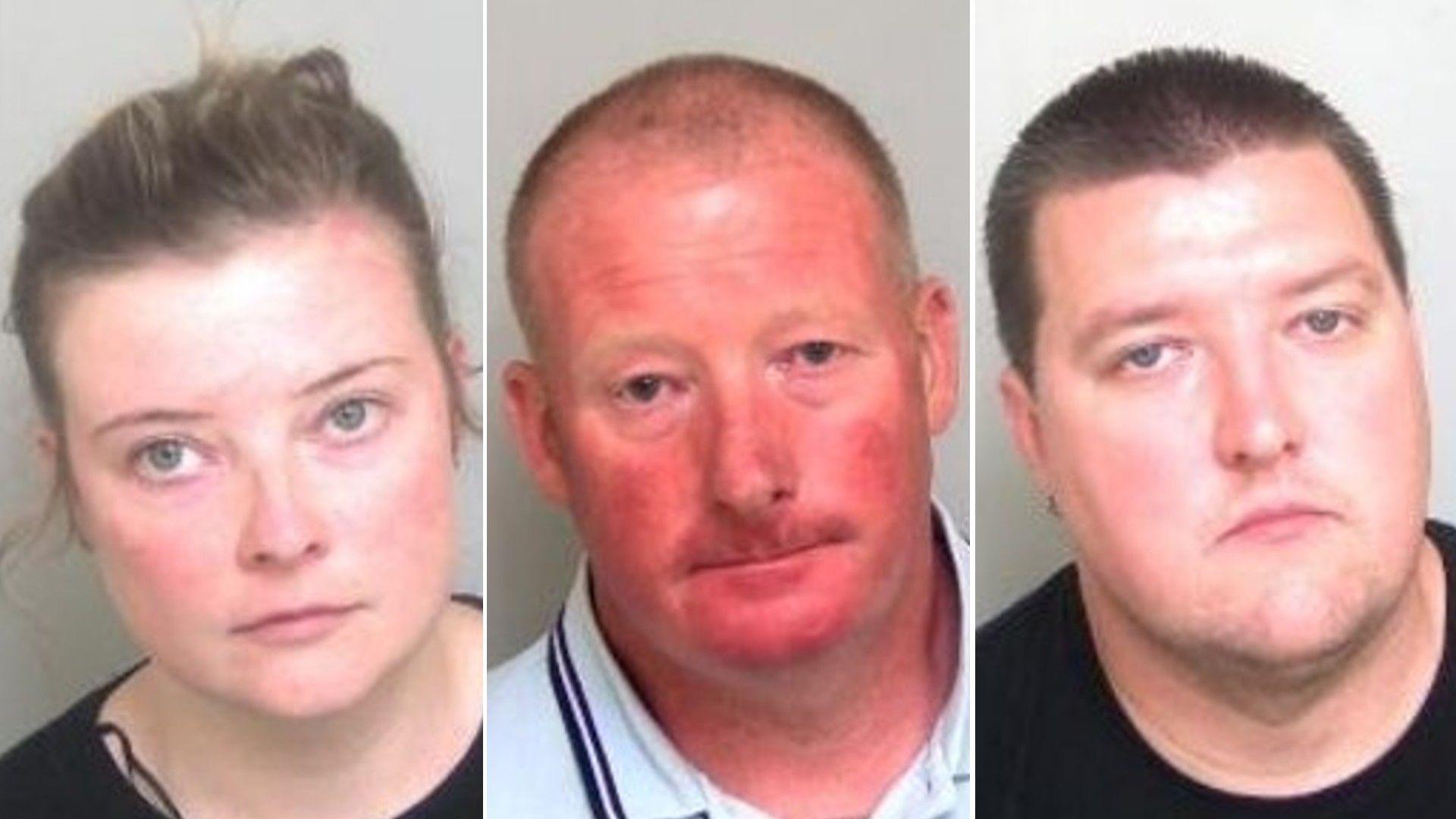 Three mugshots in a row. They are all pale with light eyebrows. Rosie has brown-blond hair in a ponytail and green eyes. Robert is older and redder than his children, wearing a blue polo shirt. Stephen has a slightly grown out buzzcut. He is frowning.