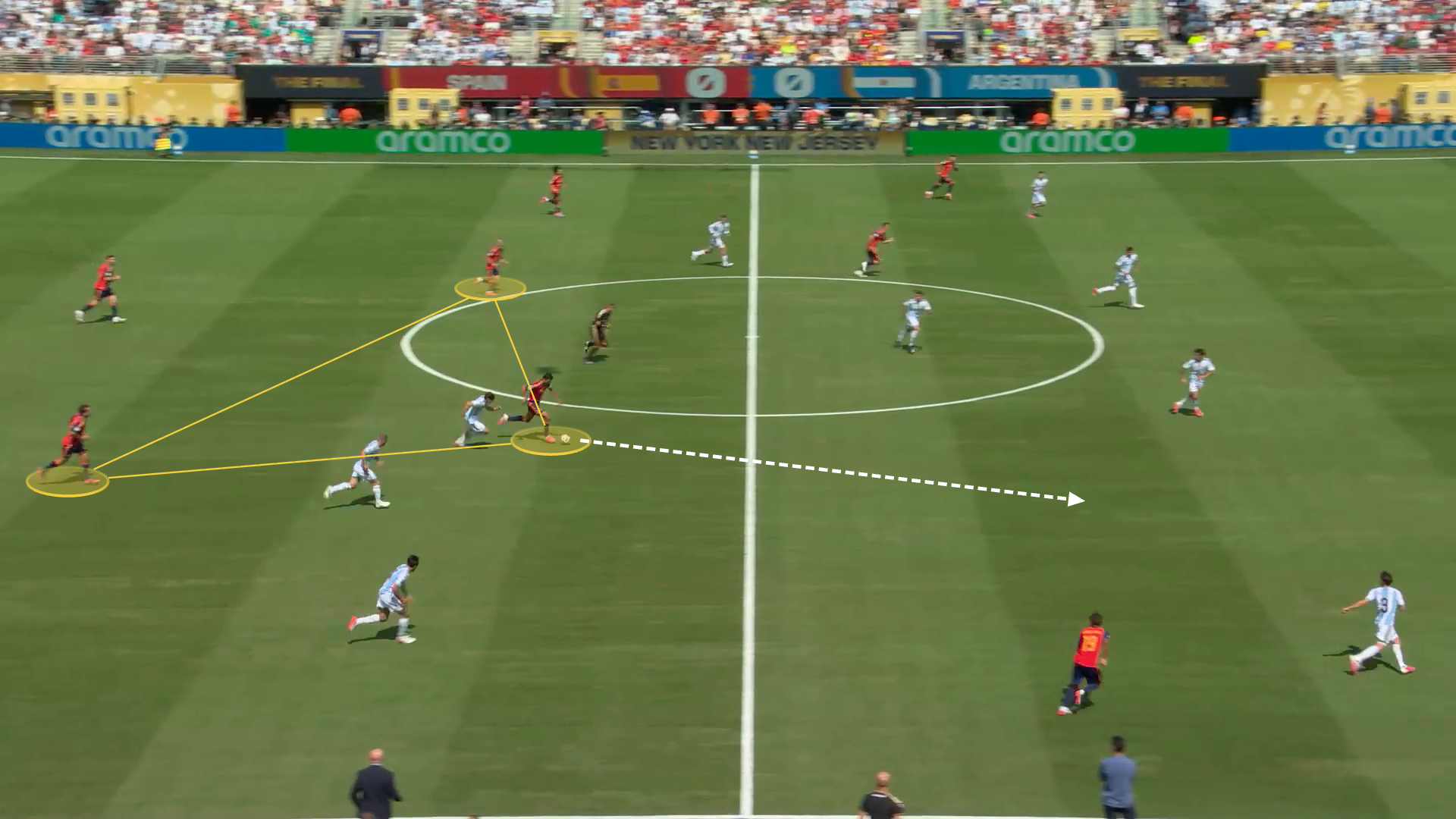 A screen grab from Spain against Argentina in the World Cup final showing Rodri in a centre-back position.