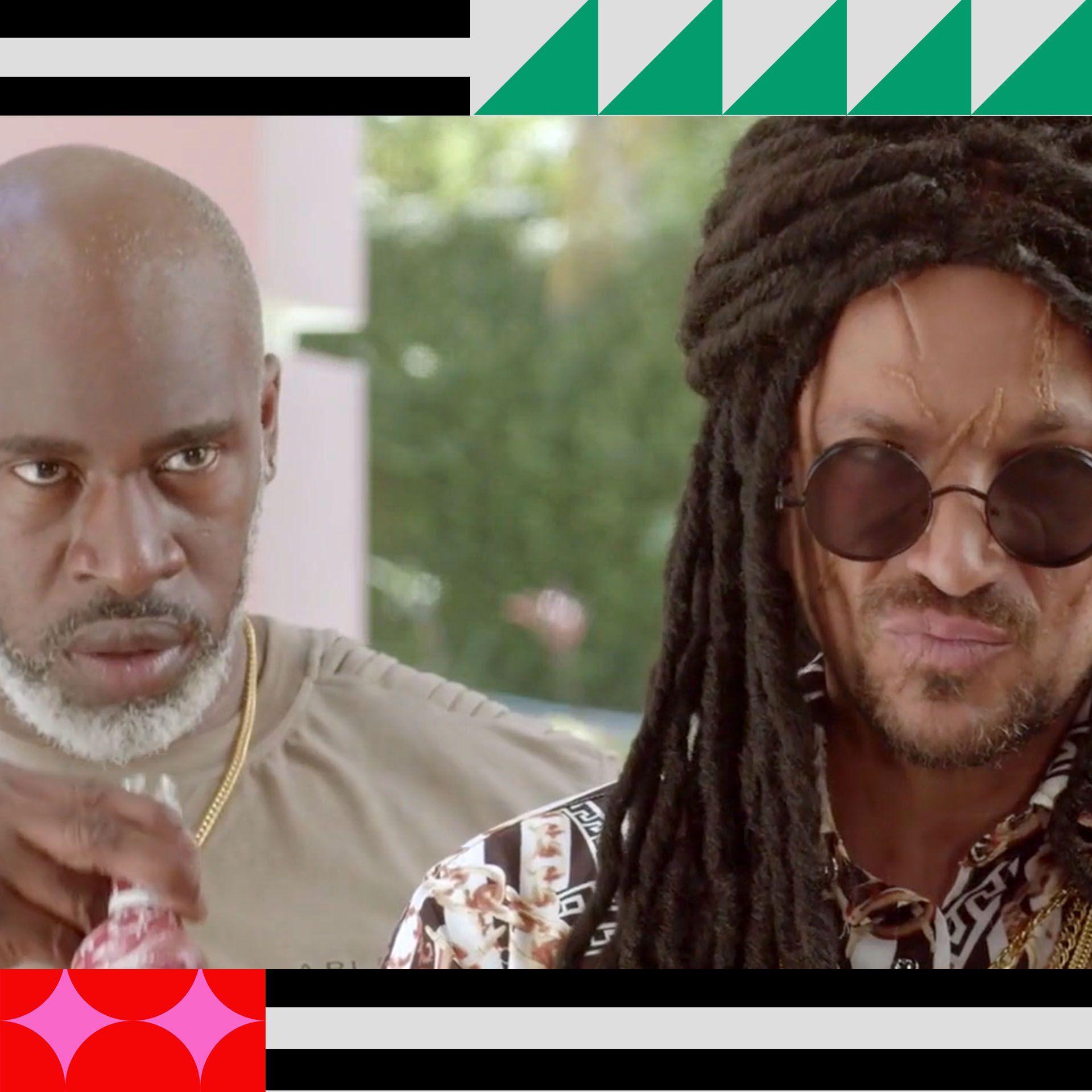 A still of Peter Andre in dreadlocks from the film Jafacian