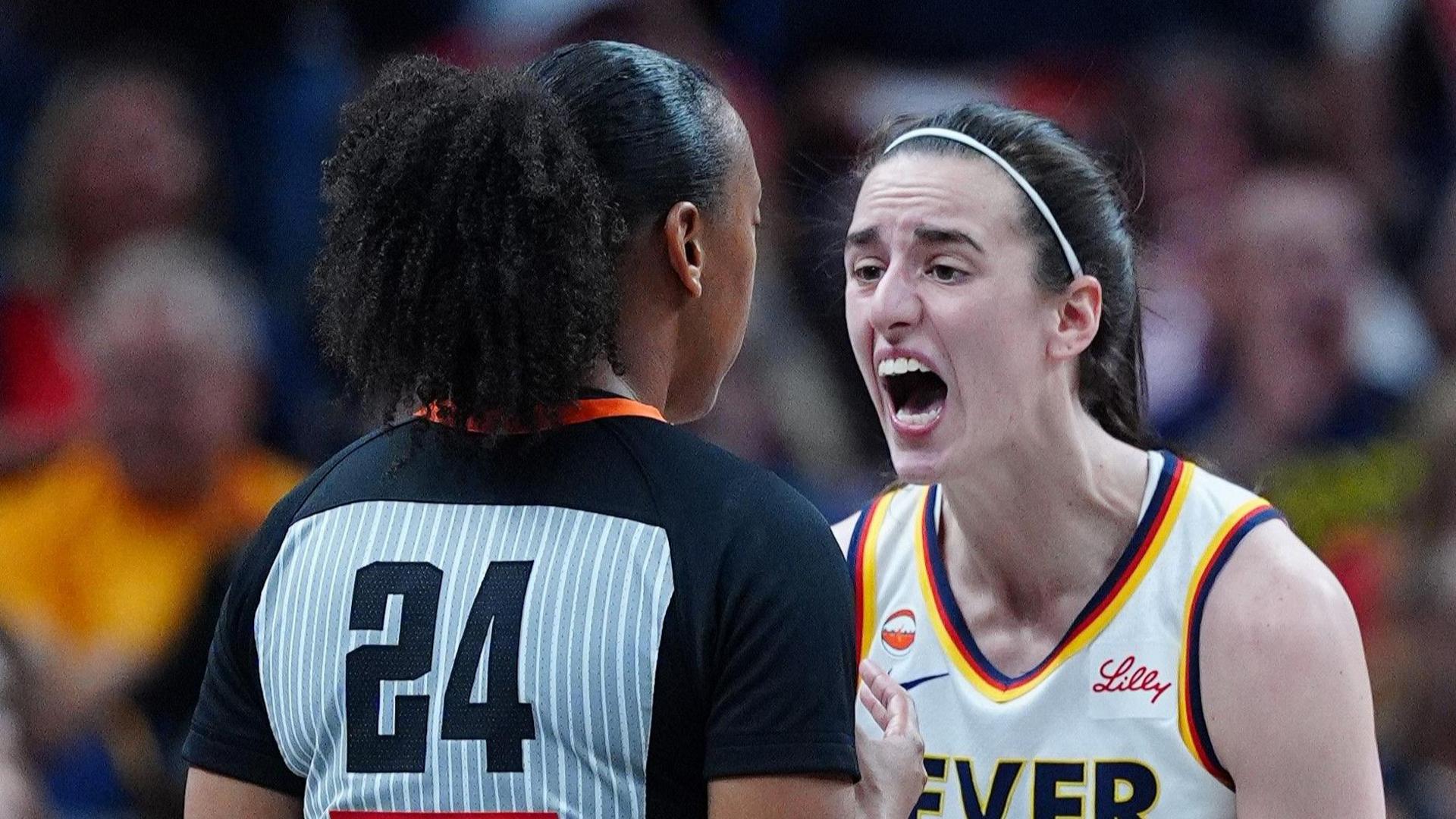 Caitlin Clark yells at referee Gerda Gatling