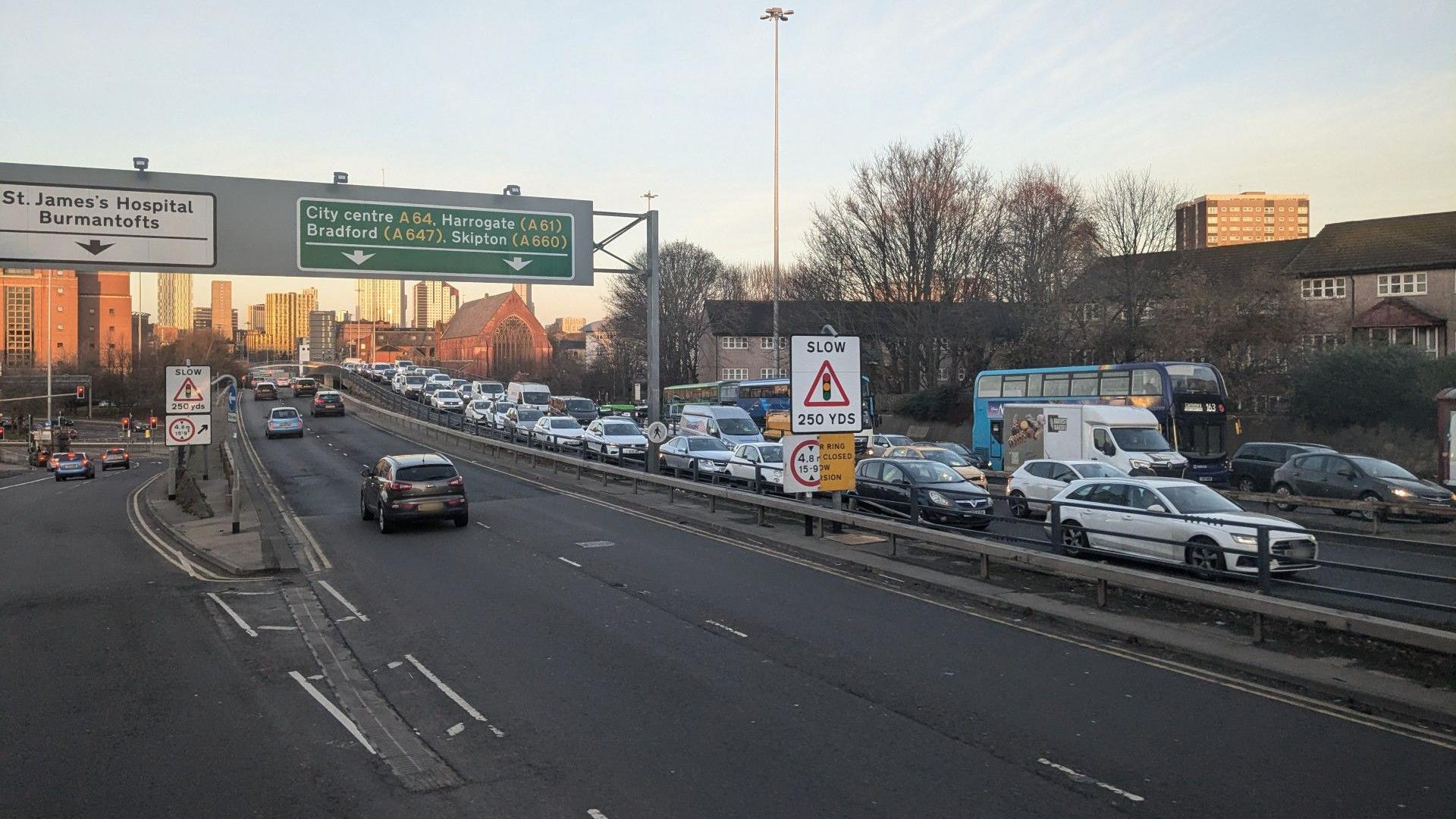 The A64 Marsh Lane Junction showing traffic building up on the eastbound road