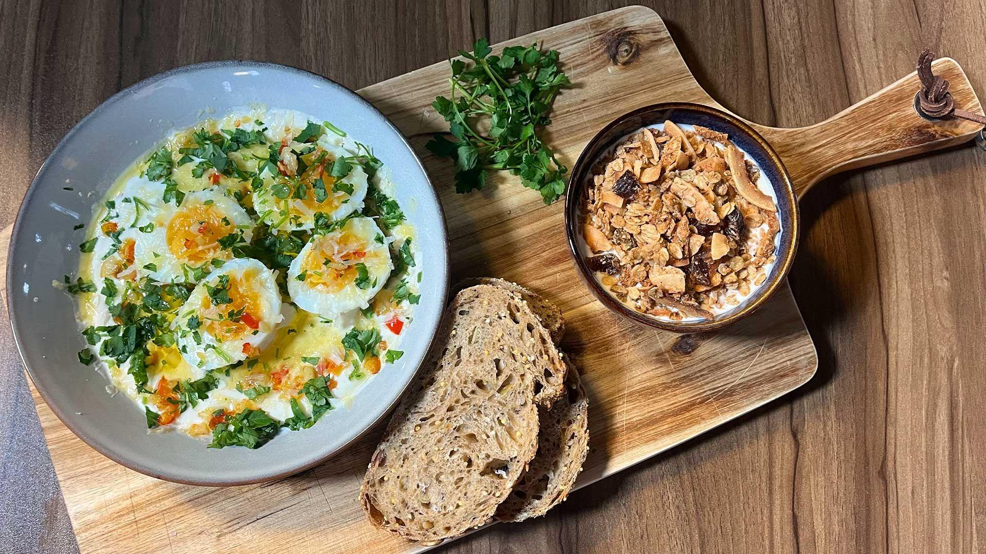 Italian-inspired Turkish eggs and homemade granola on display in the Morning Live studio.
