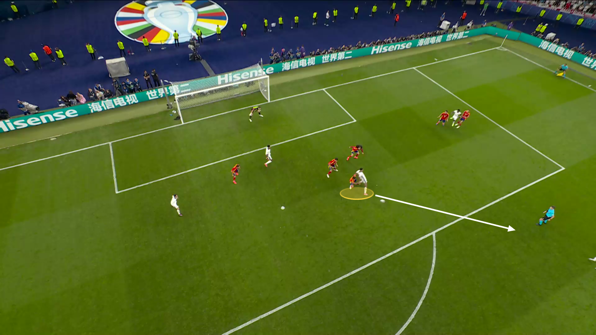 Screengrab from England's equaliser from the Euro 2024 final. This still shows Jude Bellingham passing it back to Cole Palmer on the edge of the box, shown by an arrow.