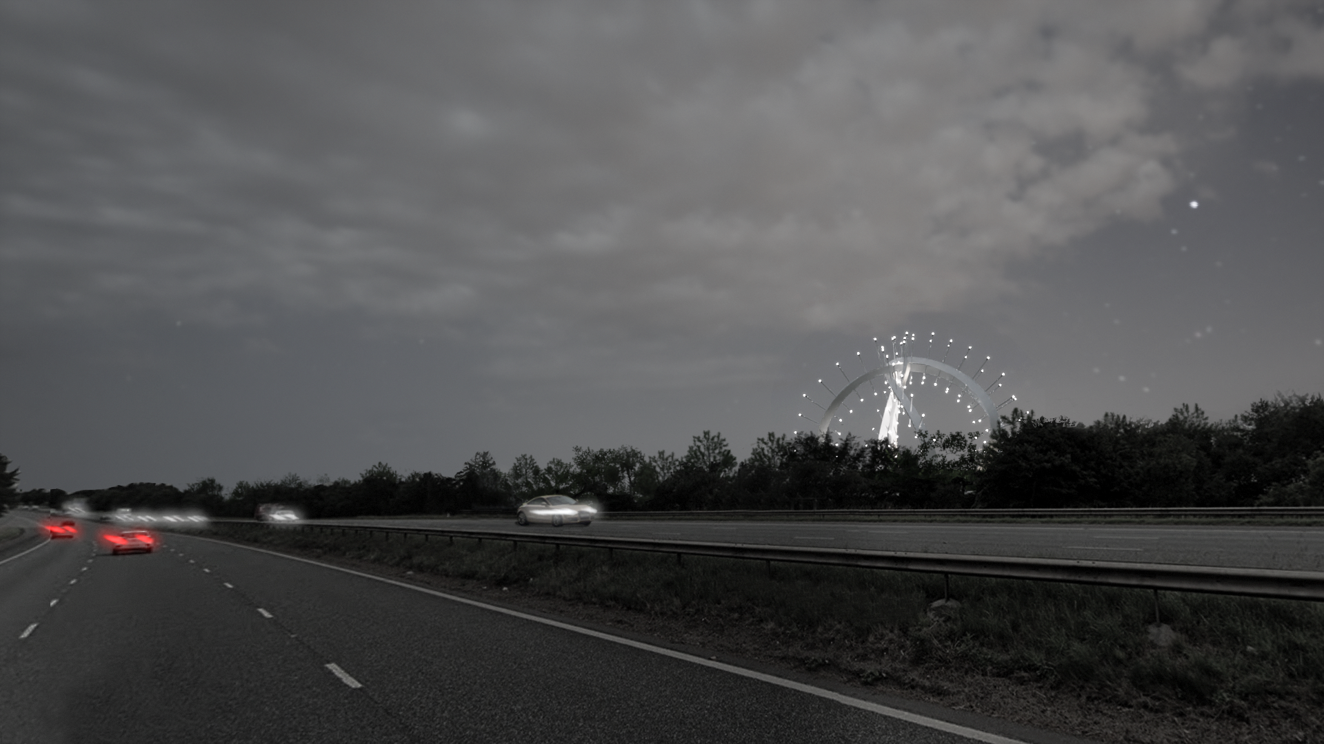 A night time view of how the Star of Caledonia might look with cars racing by on the A74(M) motorway