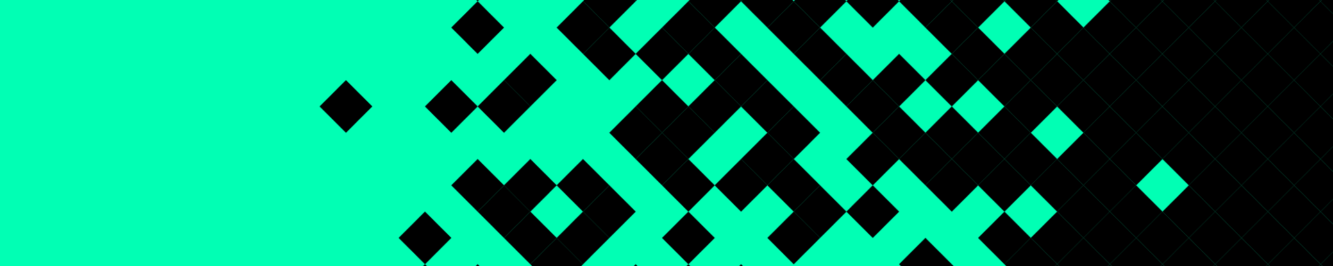 A turquoise green promotional banner with black squares and rectangles forming pixels, moving in from the right.