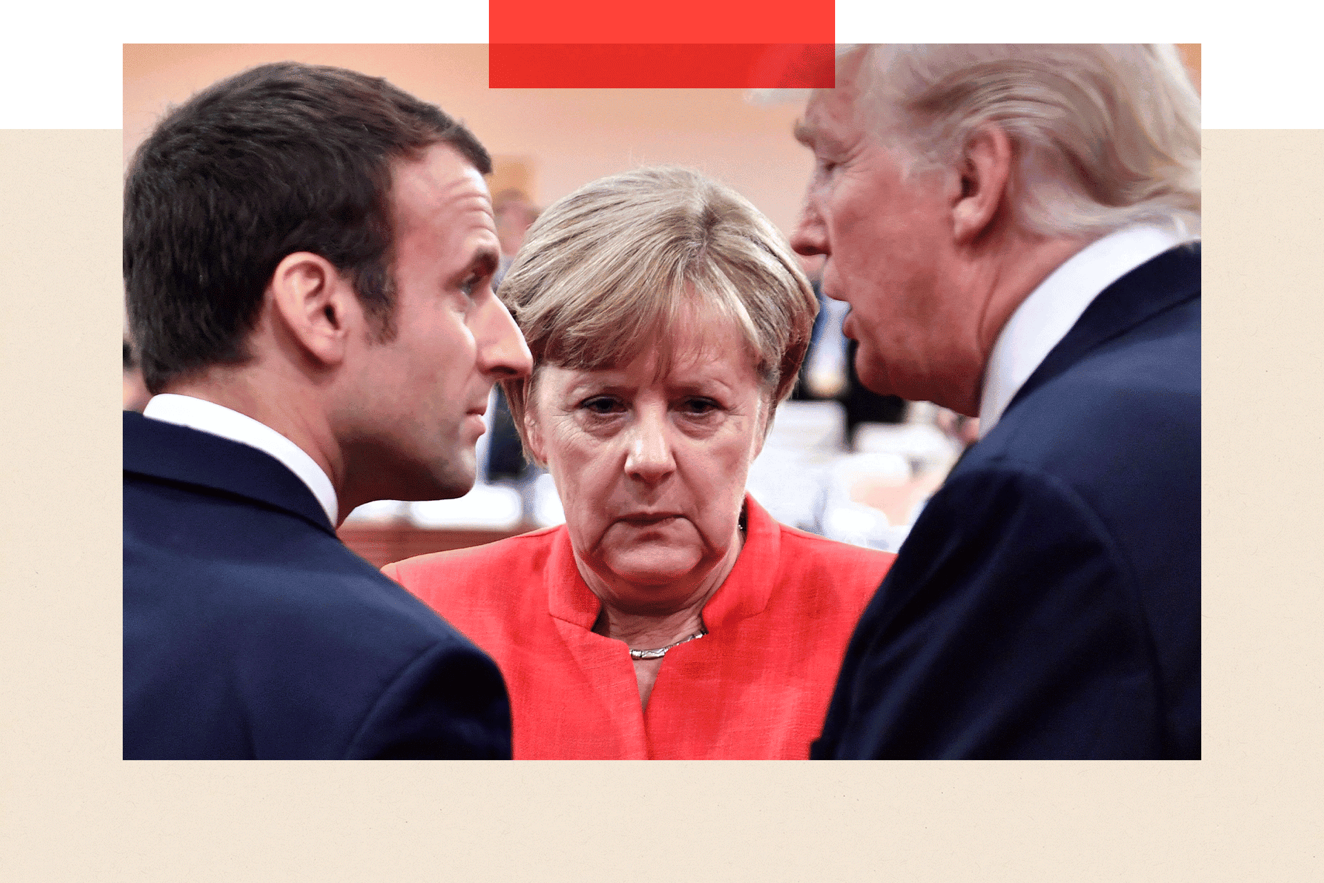 A close up of Emmanuel Macron, former German Chancellor Angela Merkel and Donald Trump 