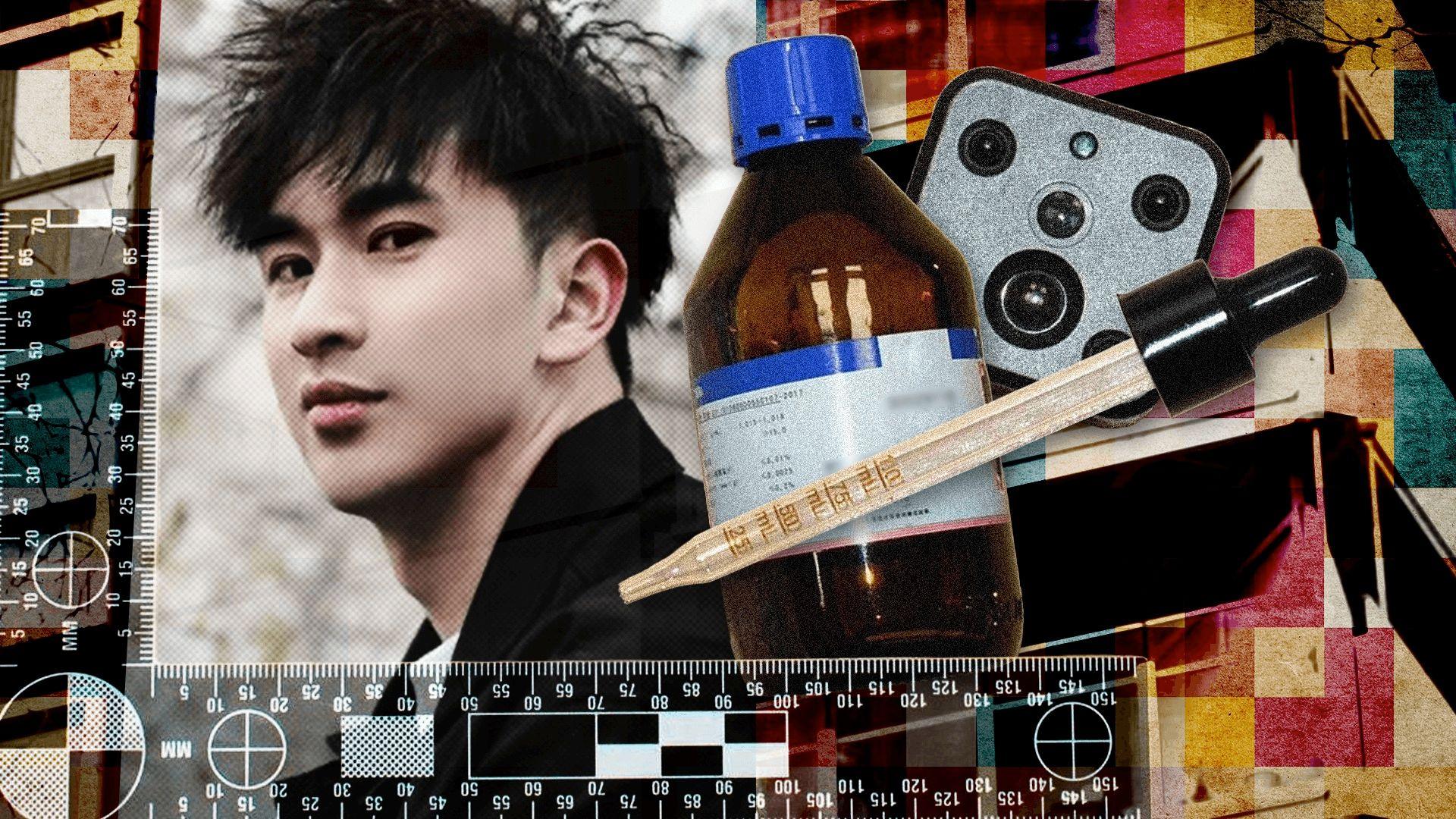 A composite image with a photograph of Zhenhao Zou to the left, along with a bottle, camera and pipette, all found inside his flat. There is a ruler along the border of the image and a block of flats can be made out in the background.