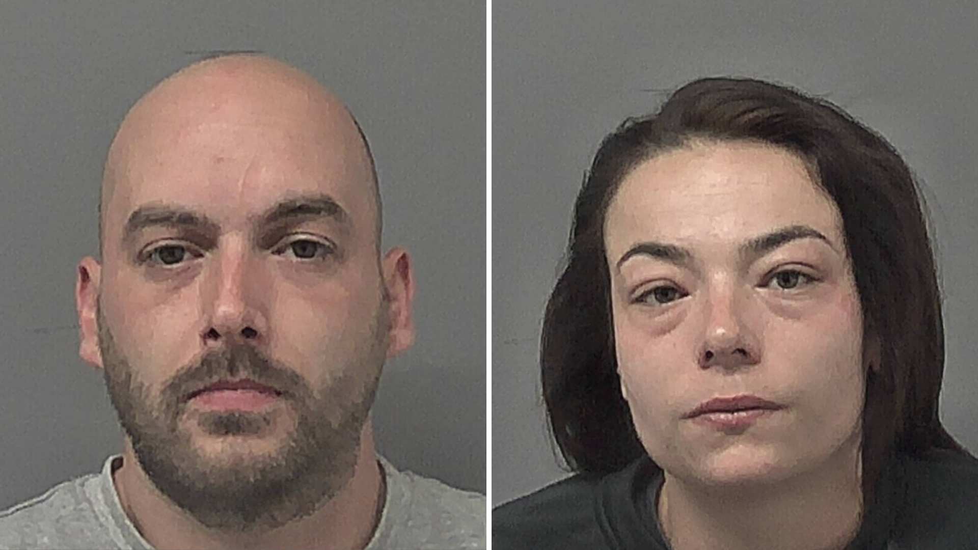 A two-way composite of two people in police mugshots. A bald man on the left has a brown beard and moustache and grey top on and a woman on the right has long brown hair.