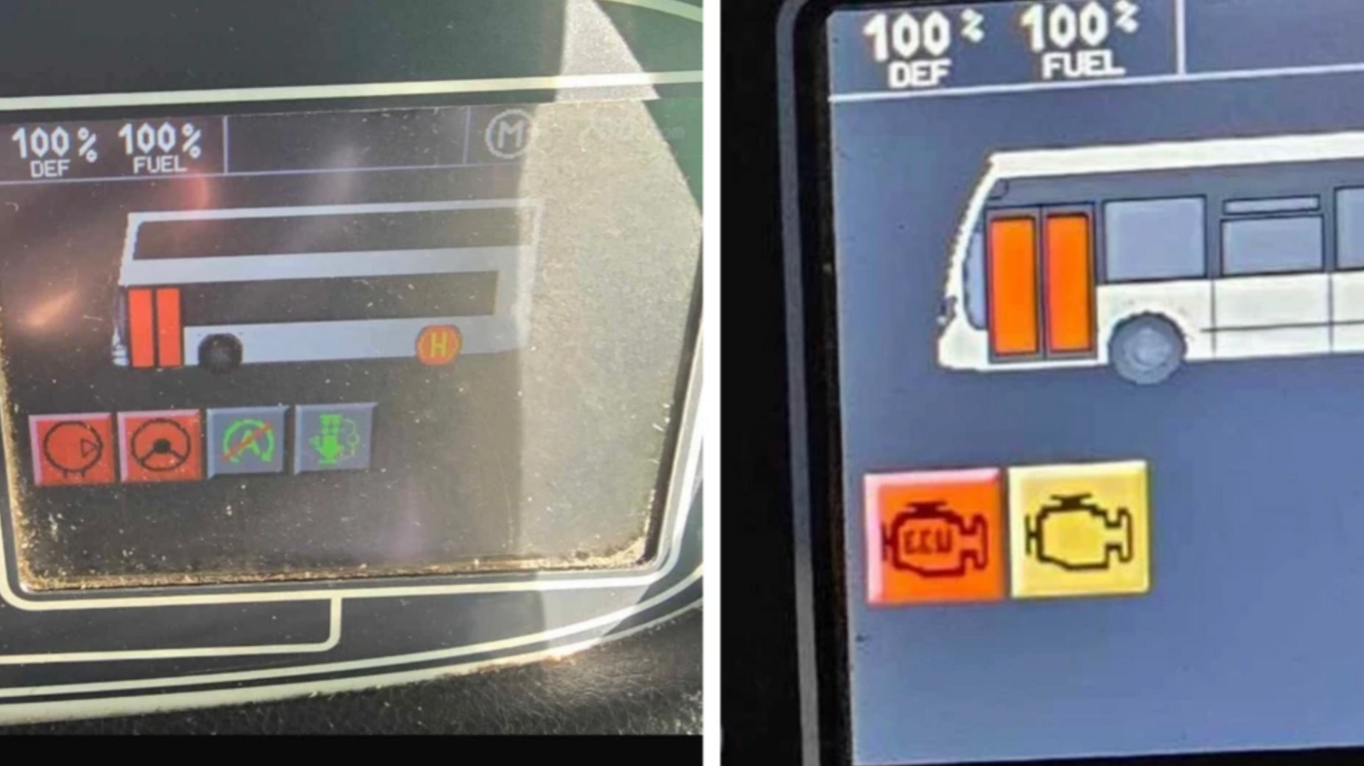 Two dashboards from a Go North East bus display red and amber warning lights. One of the lights spells the word ECU.