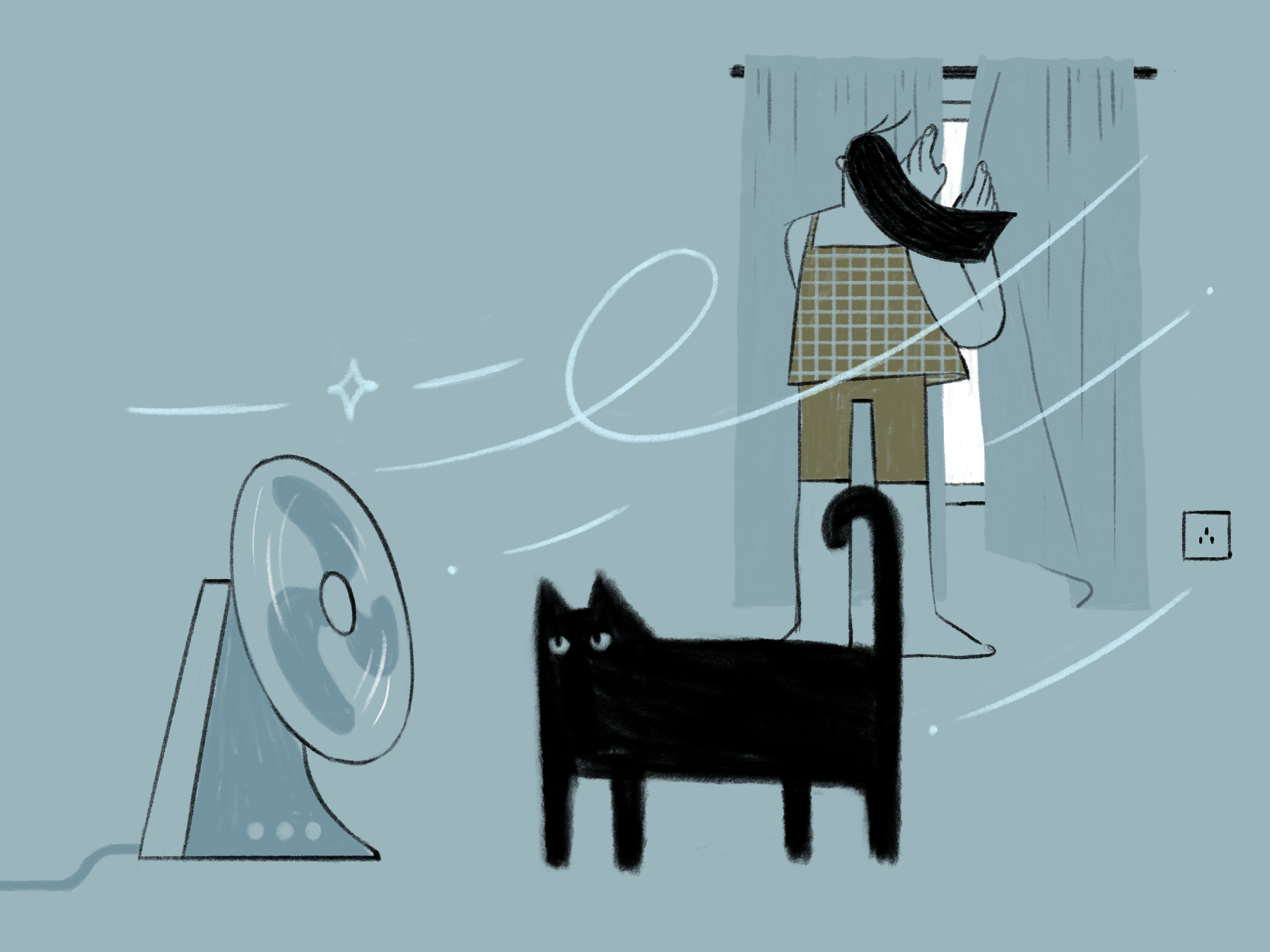 Stylised illustration of a room being cooled by fresh air and a fan. In the foreground, a black cat stands with its tail raised while pale blue airflow lines swirl across the scene. On the left, an electric fan blows air into the room. In the background, a person stands at an open window between parted curtains, facing outside. The person's dark hair is blown sideways by the breeze, and they wear a checked sleeveless top and shorts. The image uses muted blue-grey, black and pale yellow tones, with sweeping white lines indicating moving air. The overall scene suggests ventilating a room to stay cool during hot weather.