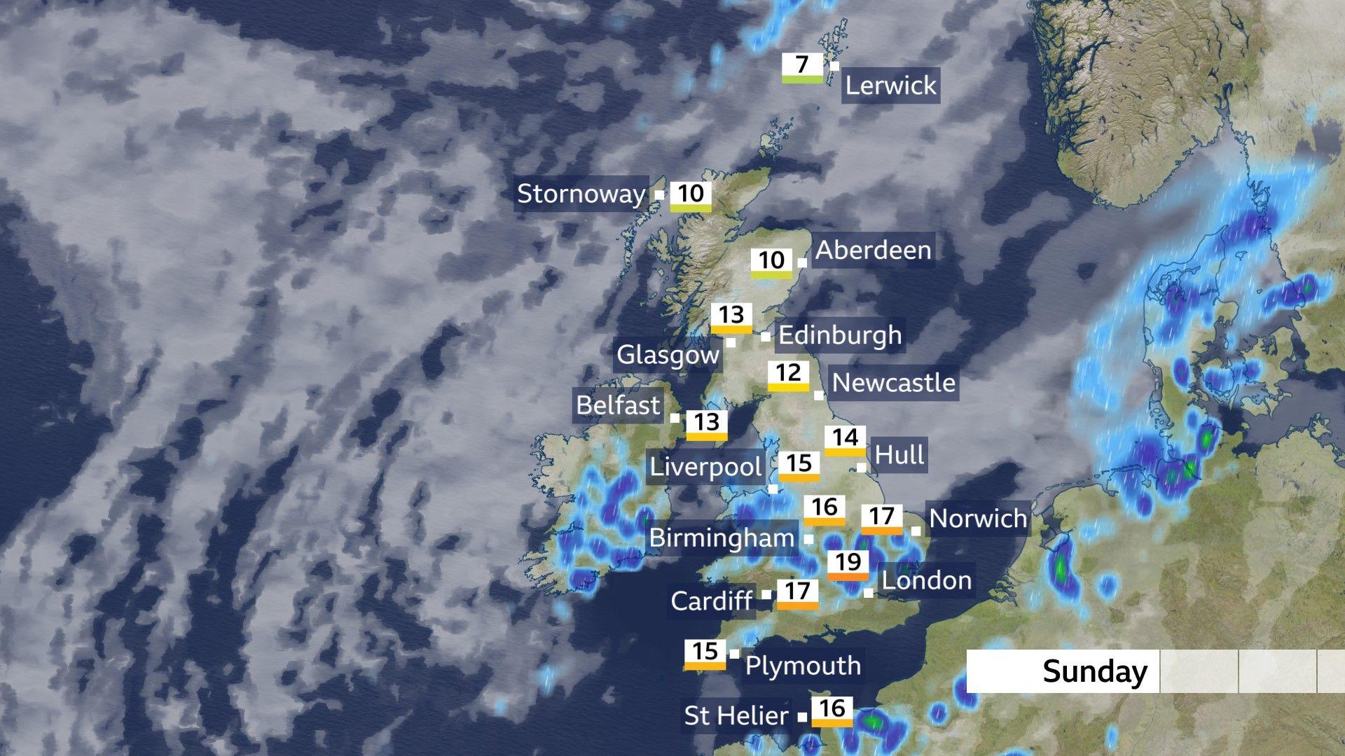 A map showing temperatures and showers across the UK
