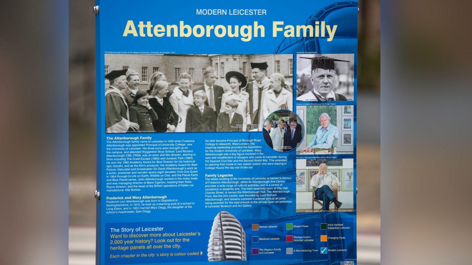 A blue panel that describes the work of Frederick Attenborough, Lord Richard Attenborough, Sir David Attenborough and John Attenborough