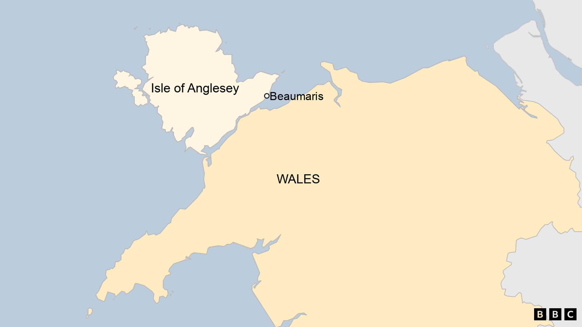 Map of Wales highlighting Anglesey and Beaumaris 