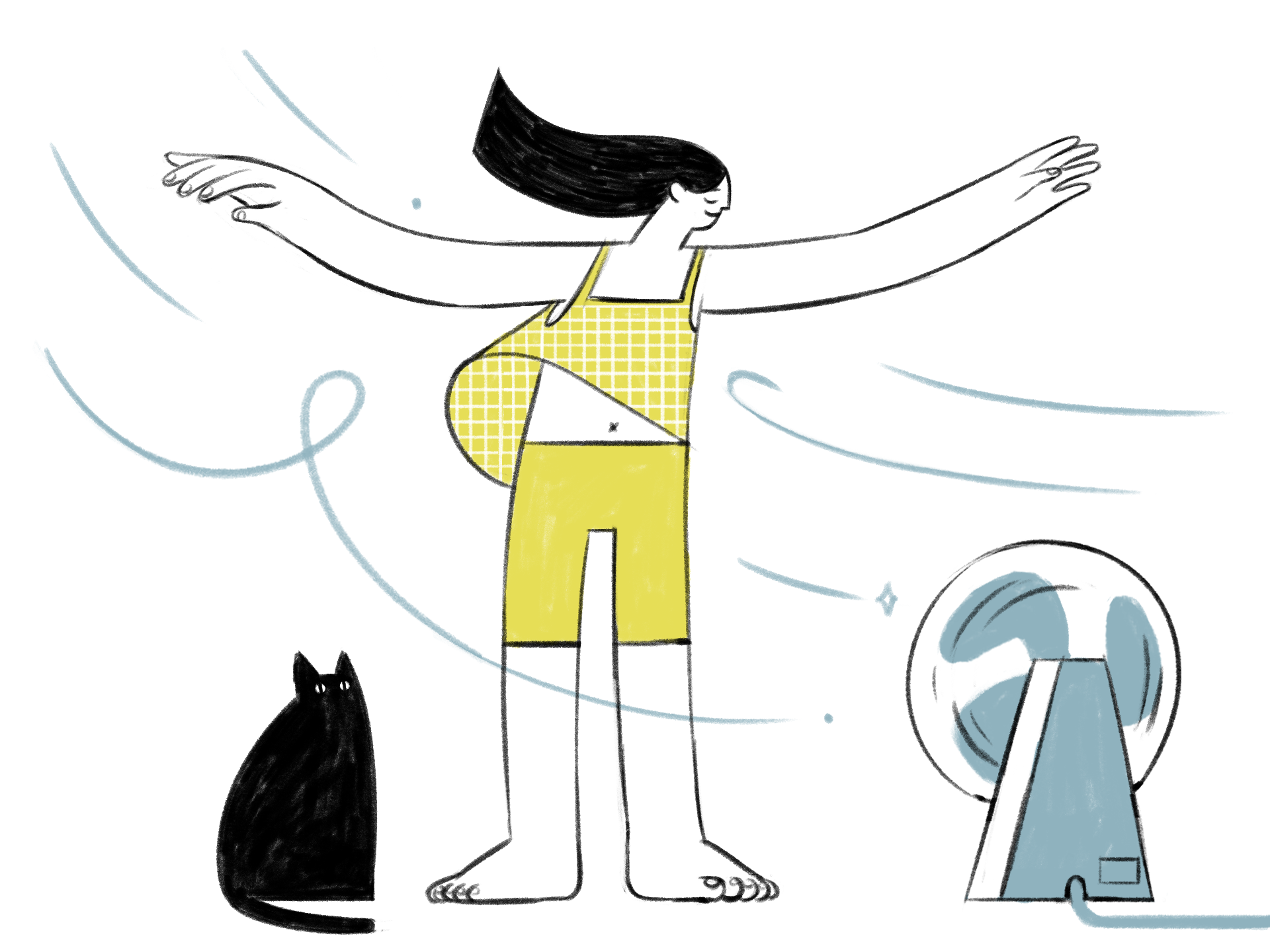 Illustrated scene of a person standing with arms stretched wide as blue swirls of wind move around them. The person wears a yellow checked top and yellow shorts, with long dark hair blowing sideways. A black cat sits on the ground to the left, and a small electric fan inside a transparent dome stands on the right. The drawing uses a minimal black, yellow and pale blue colour palette on a light background.