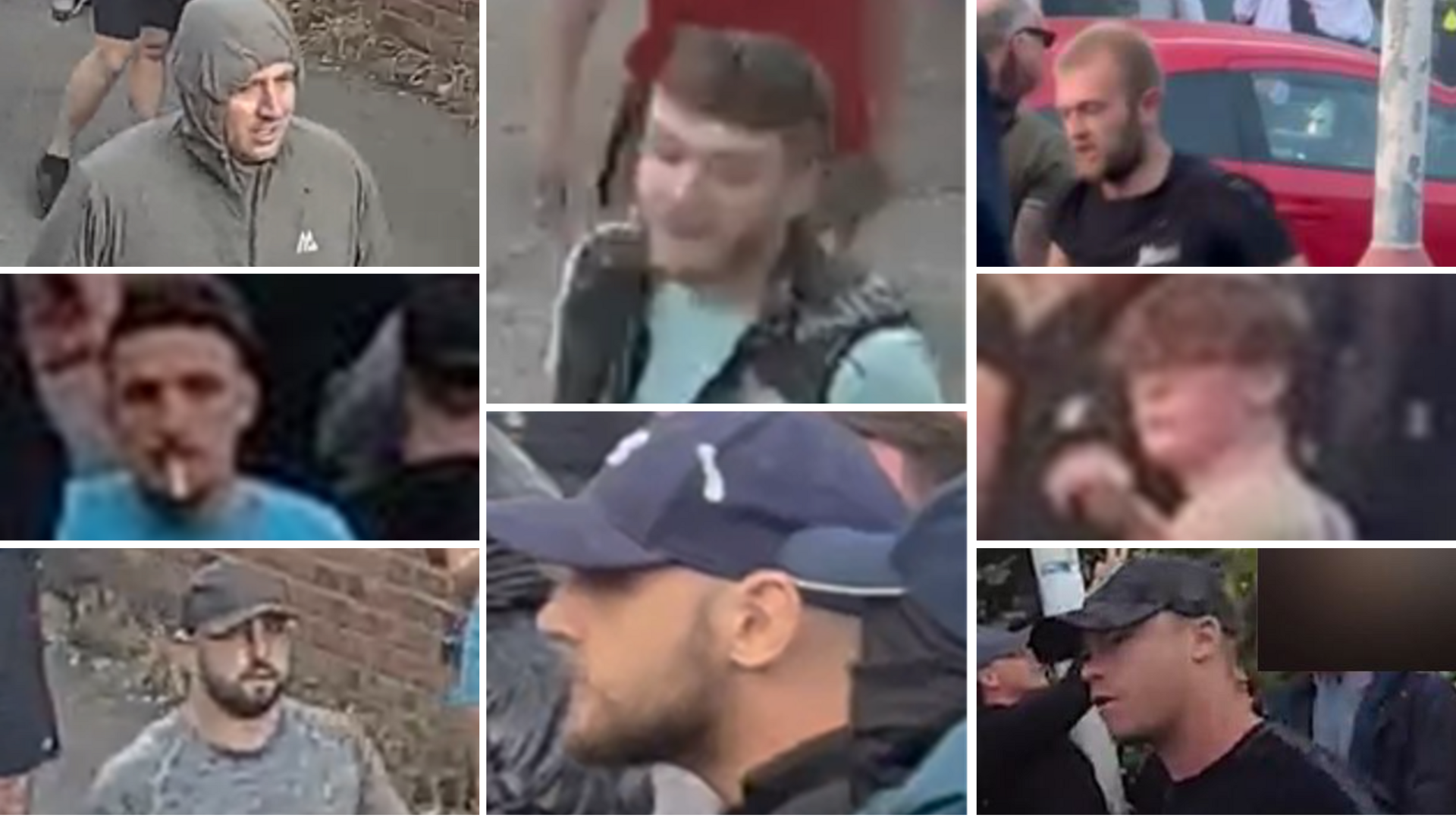 Montage of eight men that police are looking for - some have hoods up and caps on - one is smoking