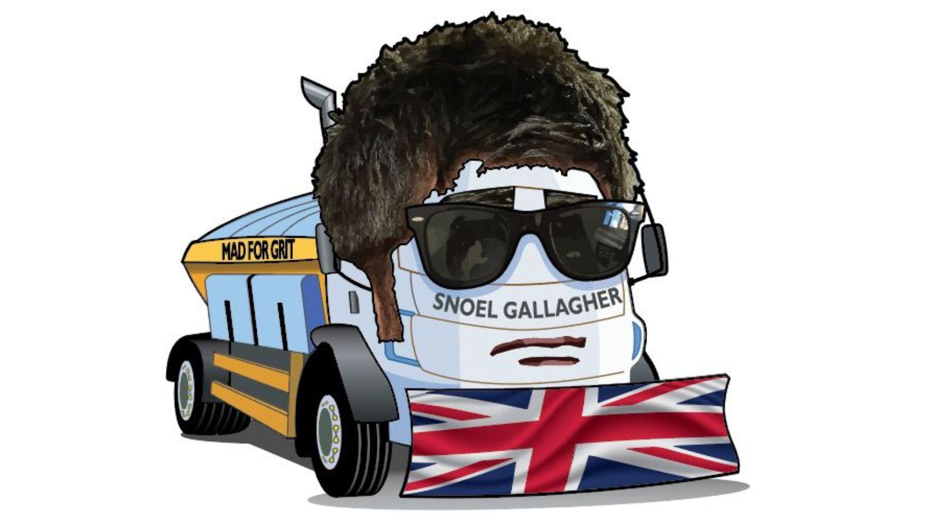 Cartoon pic of a gritter with a front looking like Noel Gallagher's face. It has Noel's trademark black hair across the top of the cab, sunglasses covering the windscreen, and the blade is in the design of the union flag. On the front of the gritter are the words "Snoel Gallagher" and on the side of the gritter are the words "mad for grit". 