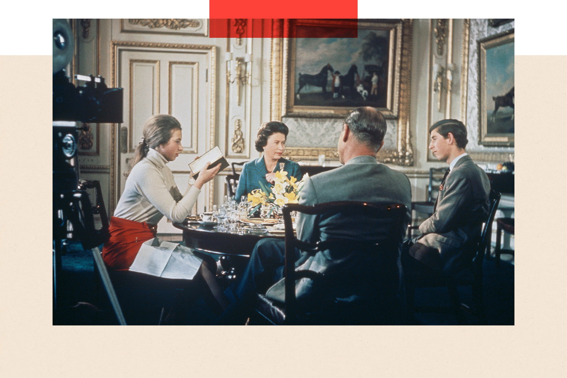 Queen Elizabeth II lunches with Prince Philip and their children Princess Anne and Prince Charles at Windsor Castle in Berkshire, circa 1969 on the set for the Richard Cawston's BBC documentary 'Royal Family'