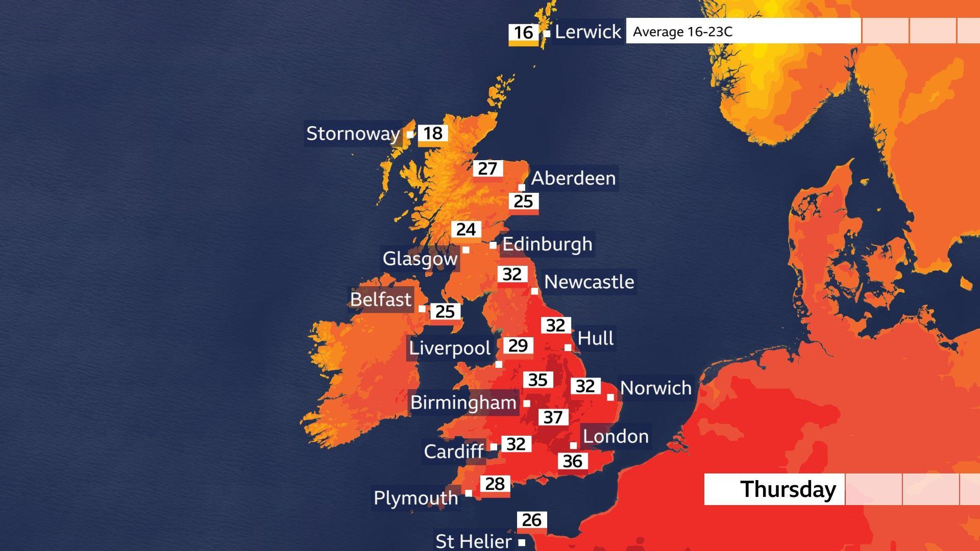 UK map widely coloured in deep oranges and red to denote the hottest day of the week with temperatures of 27 in northern Scotland, 25C in Northern Ireland, 32 C in Wales and 37 in England noting the August averages of 16 to 23 C