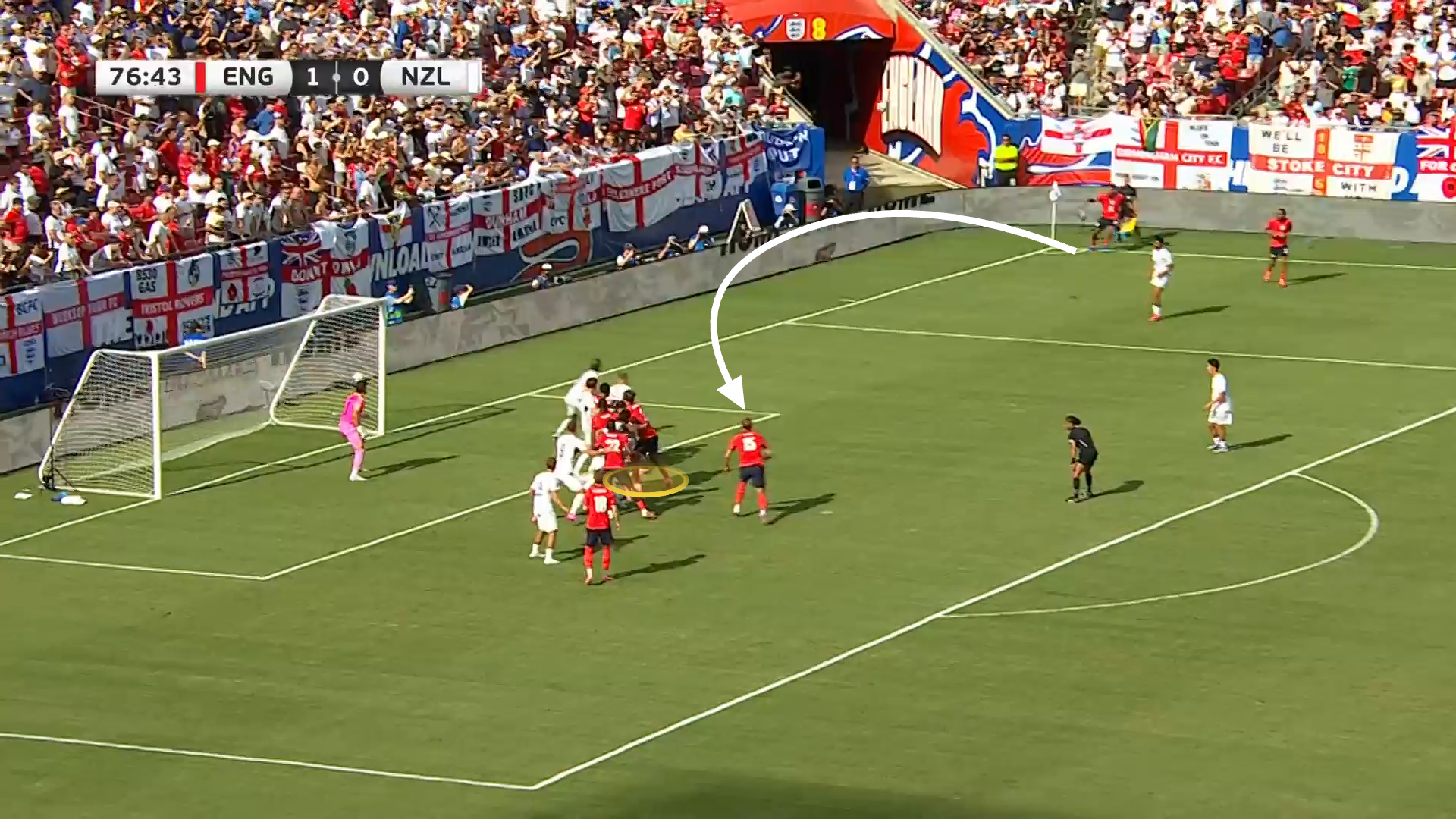 A picture of an inswinging cross being sent in from a corner, with an arrow indicating the movement of the ball