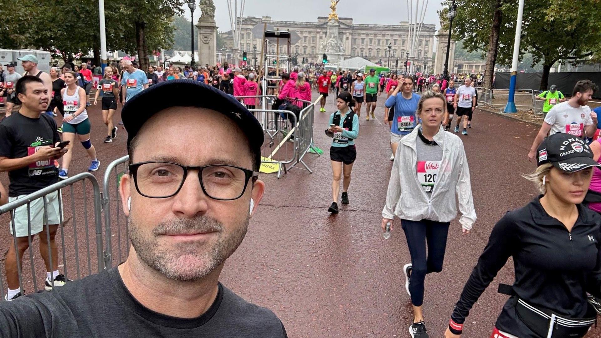 Ed Baker near Buckingham Palace after a running event