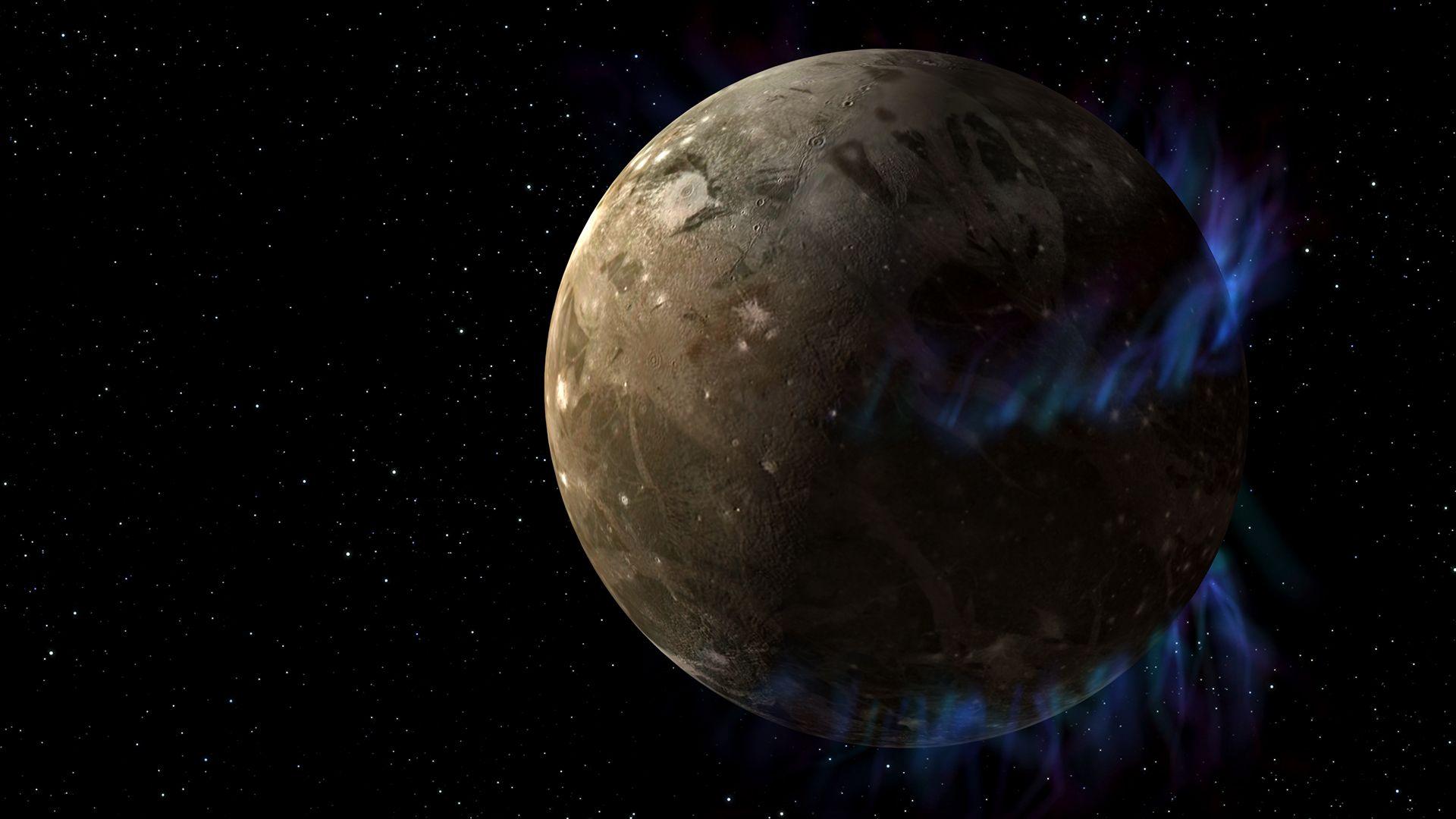 A computer illustration of the moon Ganymede with glowing hazy blue half rings around it