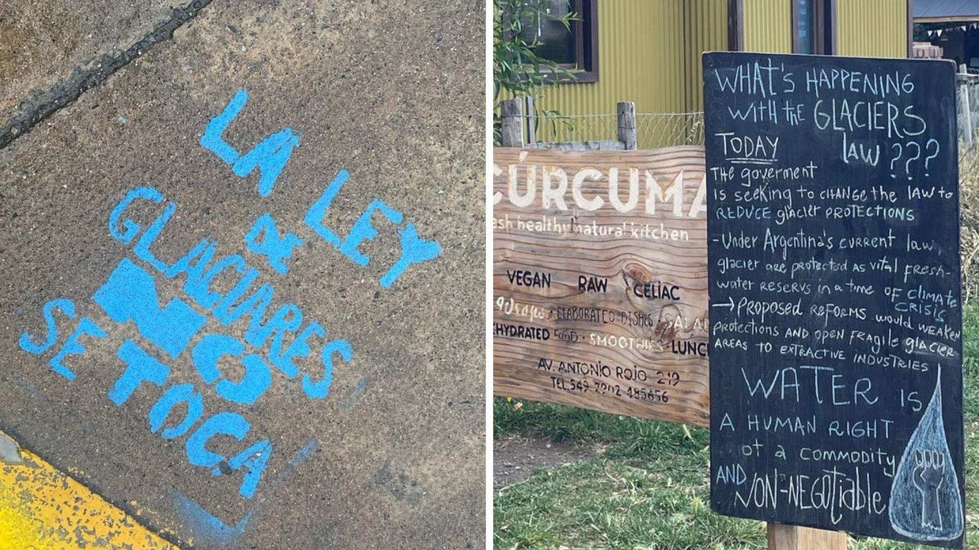 A composite image of words against the law change, which on the left says 'the glacier law is not to be touched'