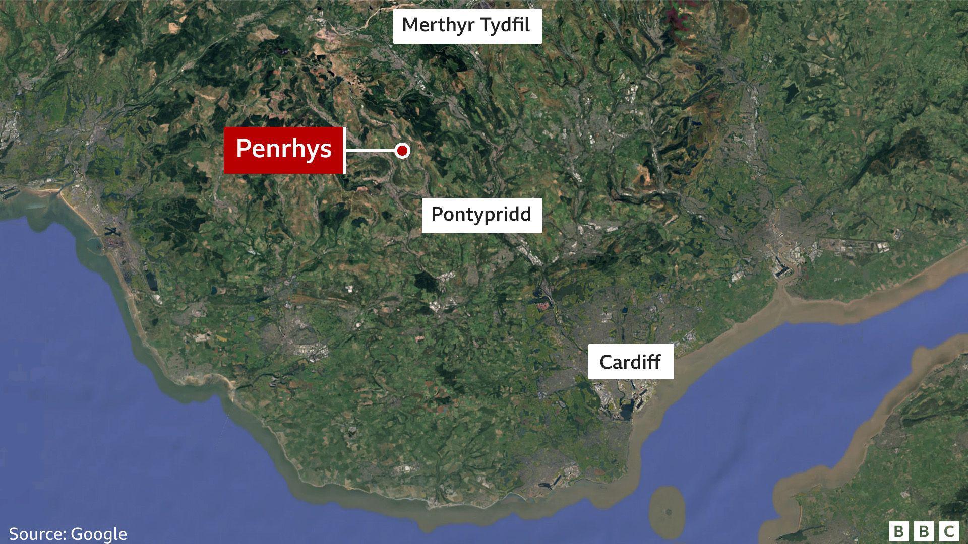A Google map shows the location of the school, lying north of Pontypridd and south of Merthyr Tydfil. The map also shows Cardiff further south.