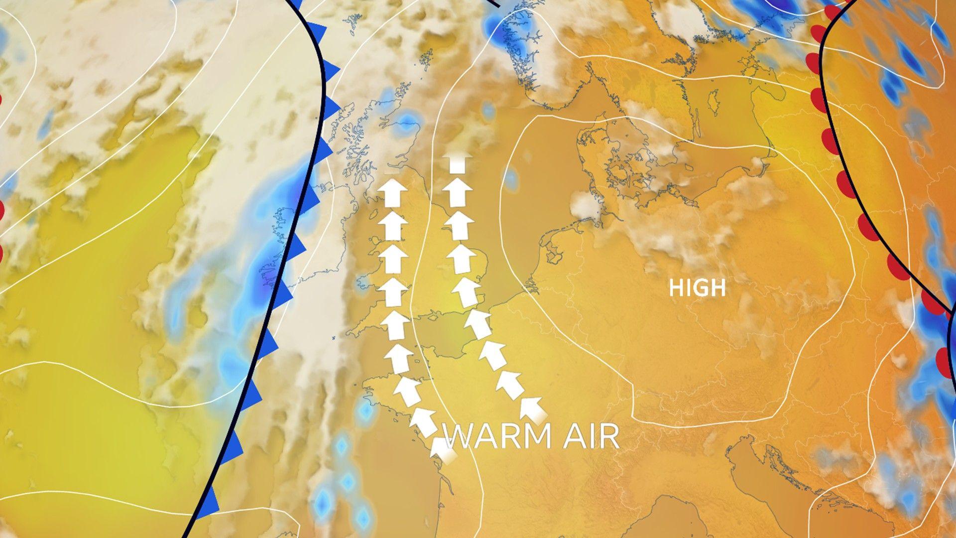 Colour map of UK and Europe showing high pressure the the east of the UK, southerly wind arrows and warm air, and a front with cloud and patchy rain near Northern Ireland and Scotland.